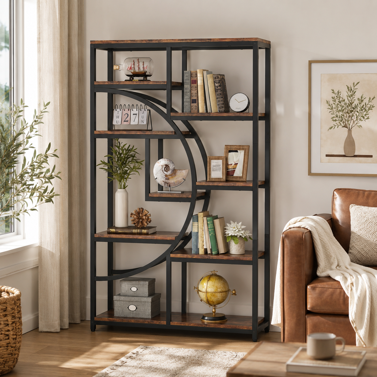 EMOOTTOO 69" Industrial Half-Moon Bookshelf