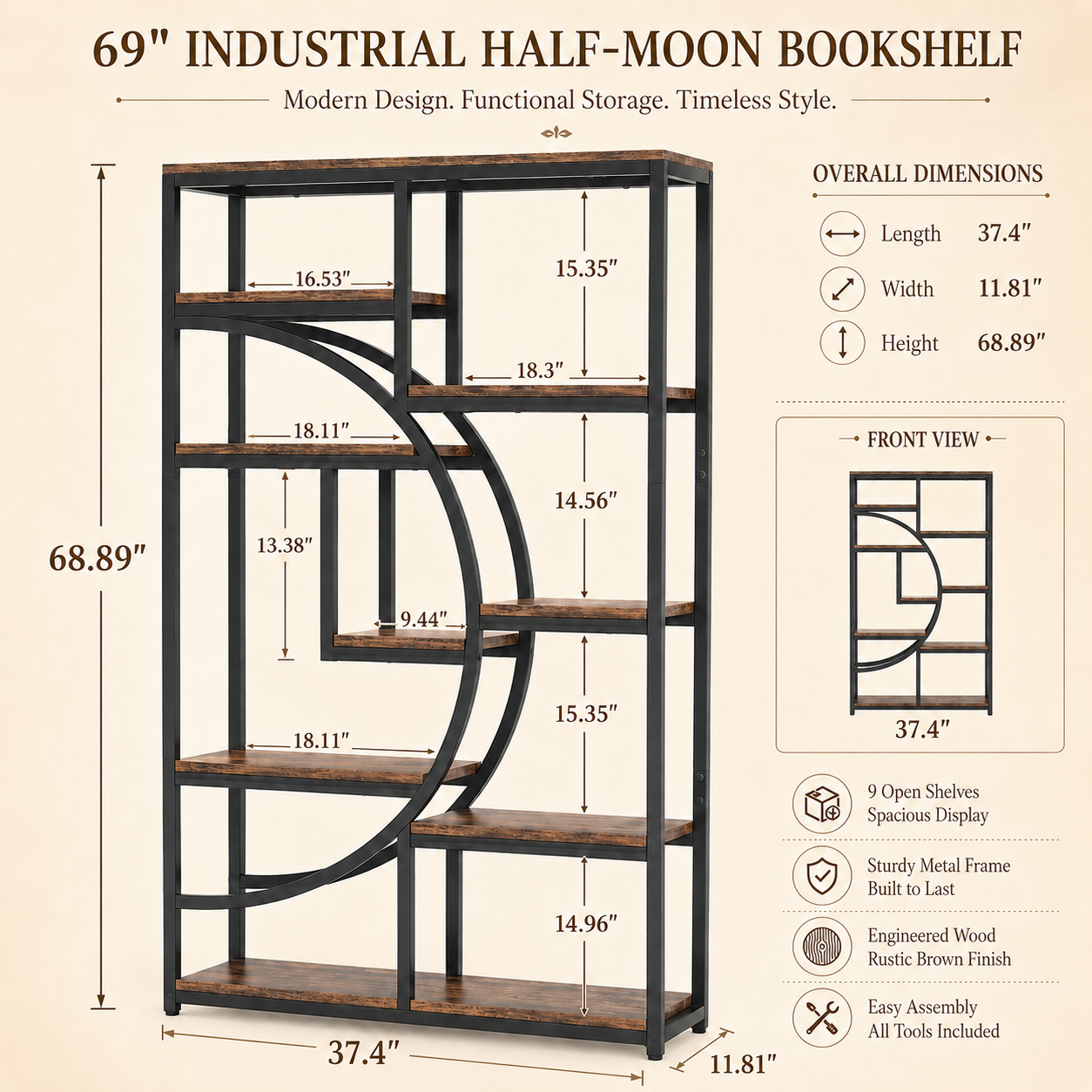 EMOOTTOO 69" Industrial Half-Moon Bookshelf