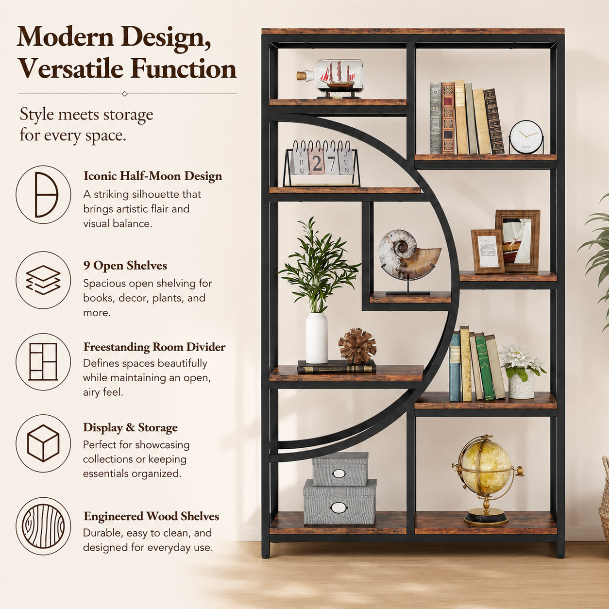 EMOOTTOO 69" Industrial Half-Moon Bookshelf
