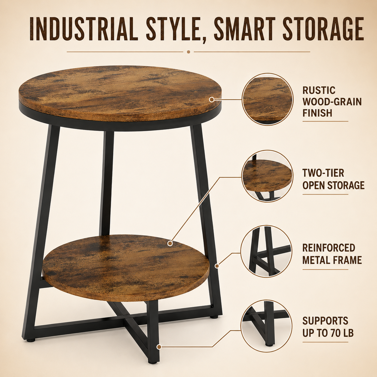EMOOTTOO Industrial End Table with Shelf