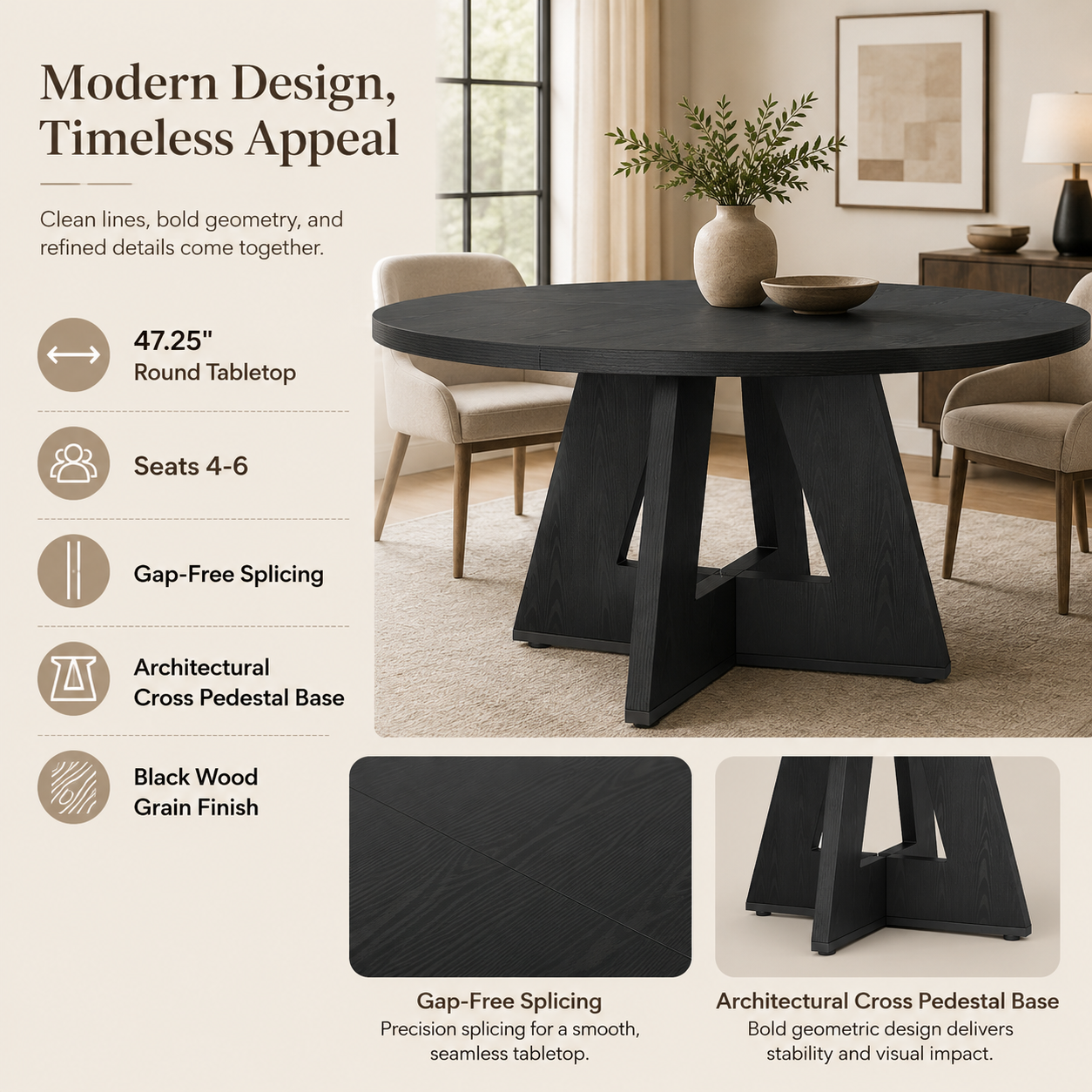 EMOOTTOO 47" Round Dining Table with Cross Pedestal Base