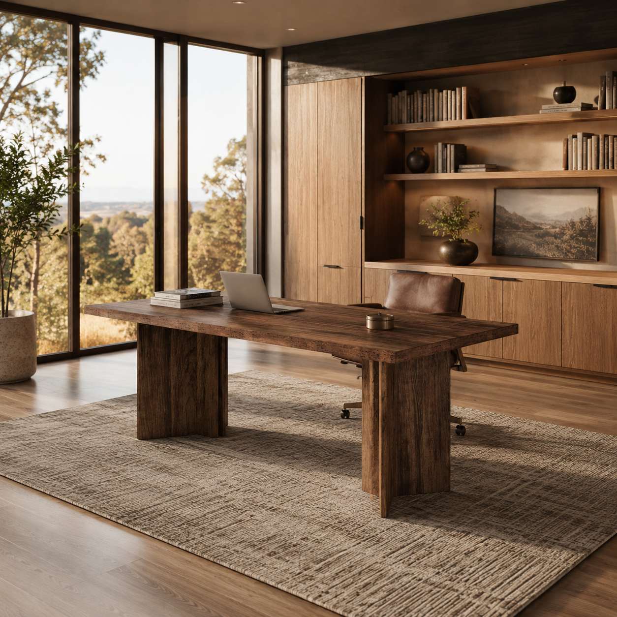 EMOOTTOO 63" Executive Desk with L-Shaped Pedestal Base, Walnut