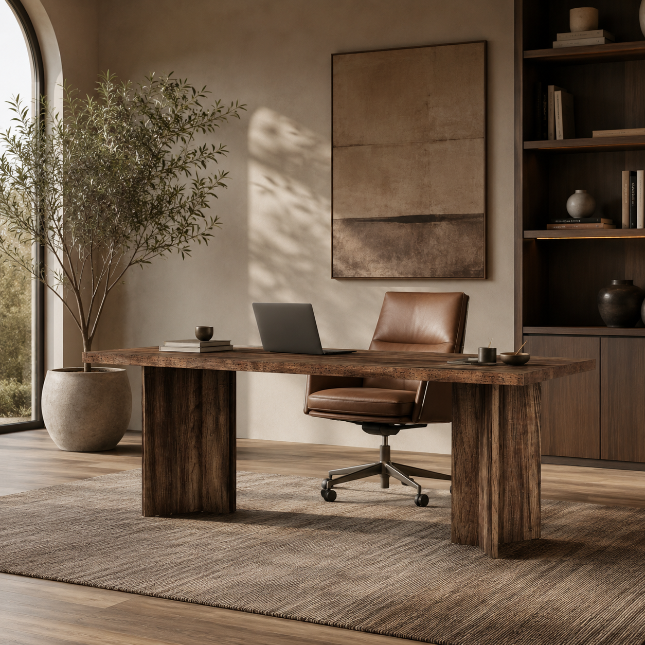 EMOOTTOO 63" Executive Desk with L-Shaped Pedestal Base, Walnut