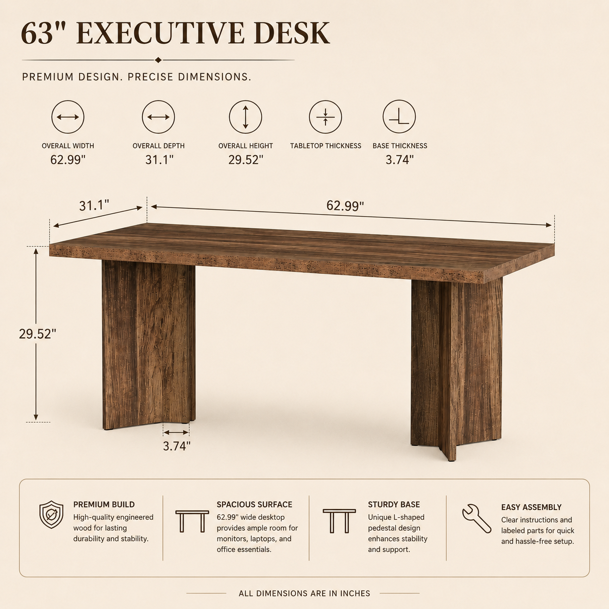 EMOOTTOO 63" Executive Desk with L-Shaped Pedestal Base, Walnut