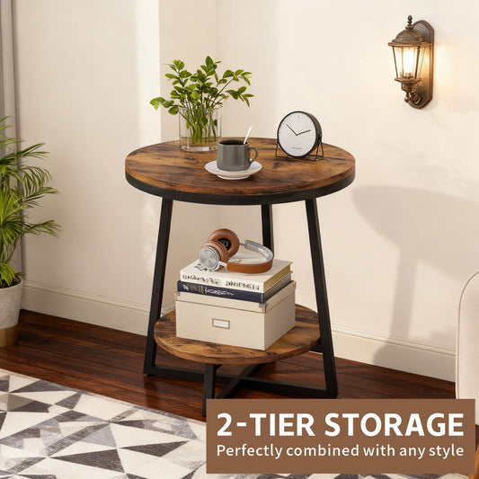 EMOOTTOO  Industrial End Table with Shelf - Tribesigns 19.68 Inch 2-Tier Round Side Table in Rustic Brown, Sturdy Nightstand for Small Spaces