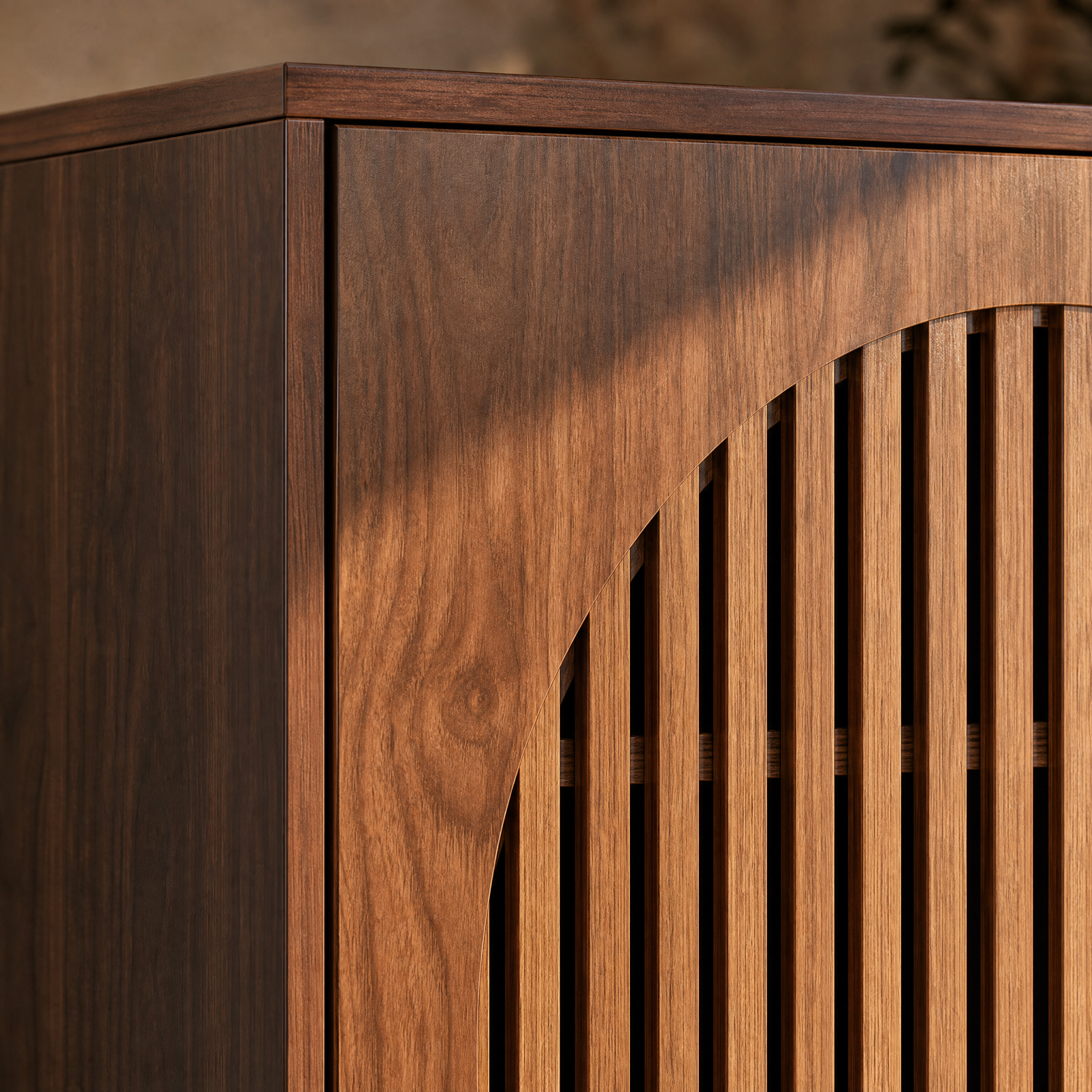 EMOOTTOO 40" Japandi Walnut Shoe Storage Cabinet with Circular Slatted Doors
