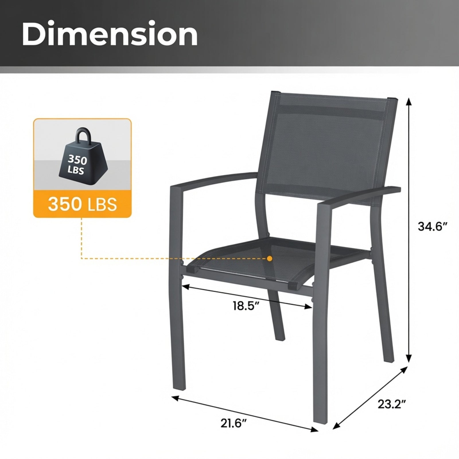 Set of 6, Heavy duty Metal Grey Outdoor Patio Chair, All Weather Textilene