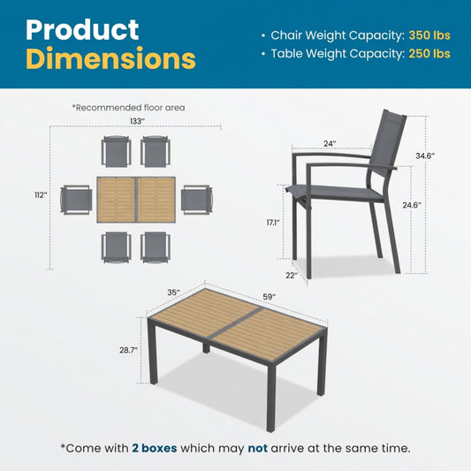 7-Piece Grey Patio Dining Set, 6-Seat All-Weather Heavy Duty HDPS Aluminum Rectangle Table and Textilene Metal Patio Chairs