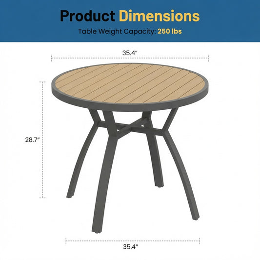 35.4" Grey Aluminum Outdoor Round Patio Table, All Weather HDPS Slatted Dining Table - product image 2
