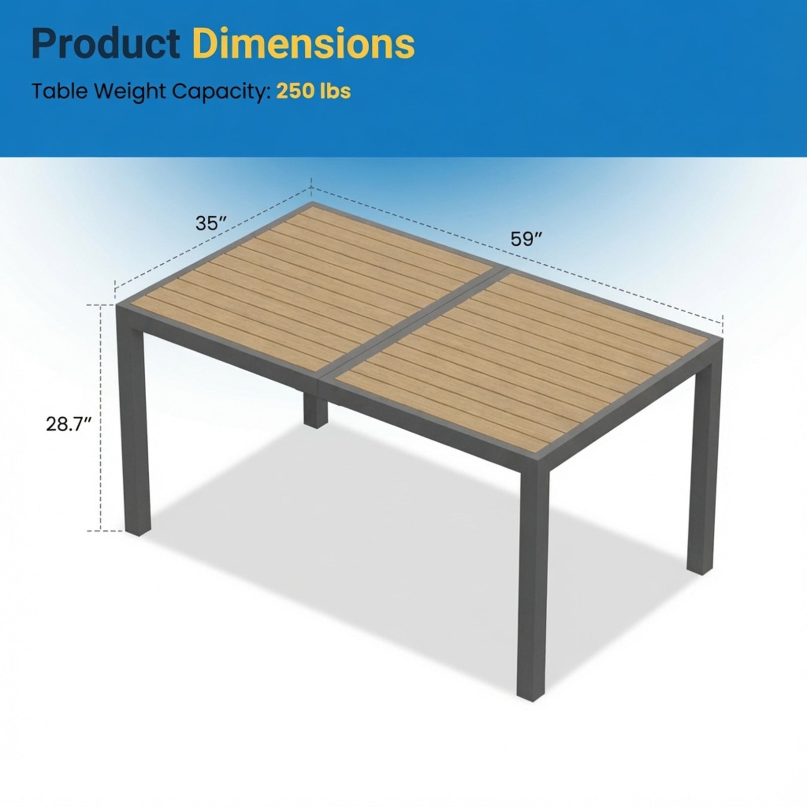 59" Grey Aluminum Rectangle Outdoor Patio Table, All Weather HDPS Slatted Dining Table - product image 3