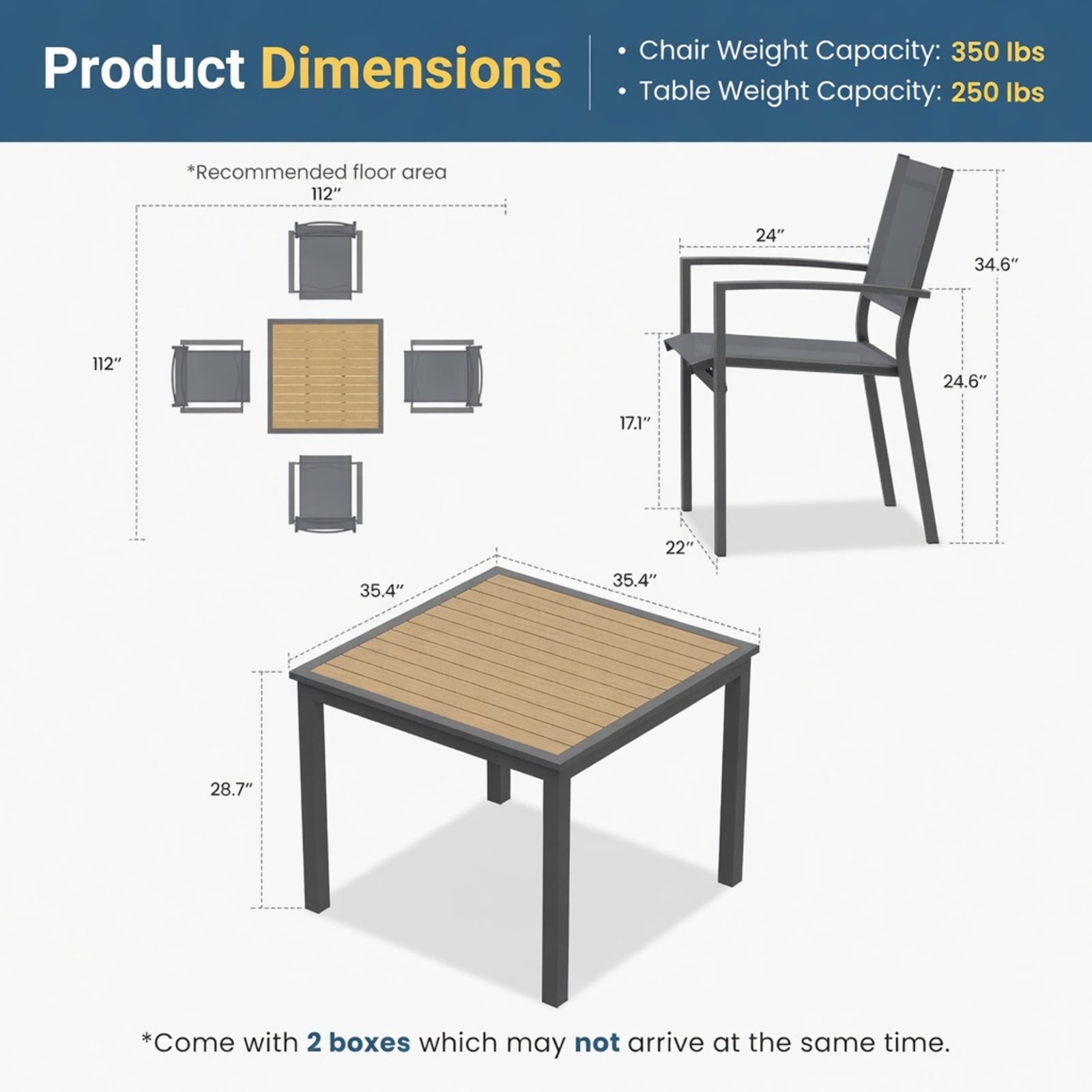 5-Piece Grey Patio Dining Set, 4-Seat All-Weather Heavy Duty HDPS Aluminum Square Table and Textilene Metal Patio Chairs
