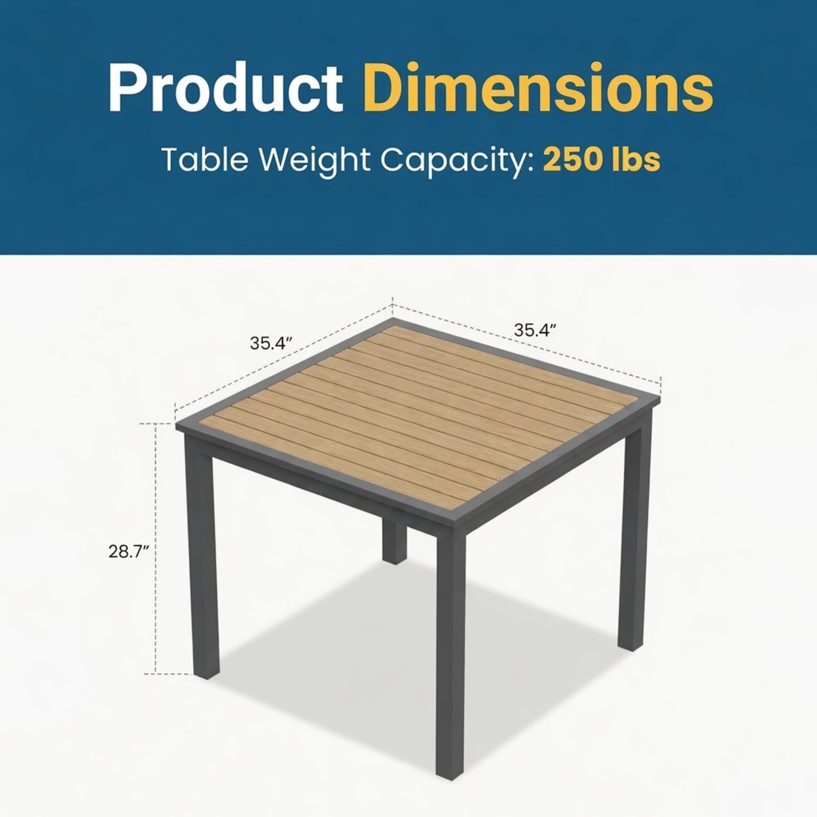 35.4" Grey Aluminum Outdoor Square Patio Table, All Weather HDPS Slatted Dining Table - product image 3