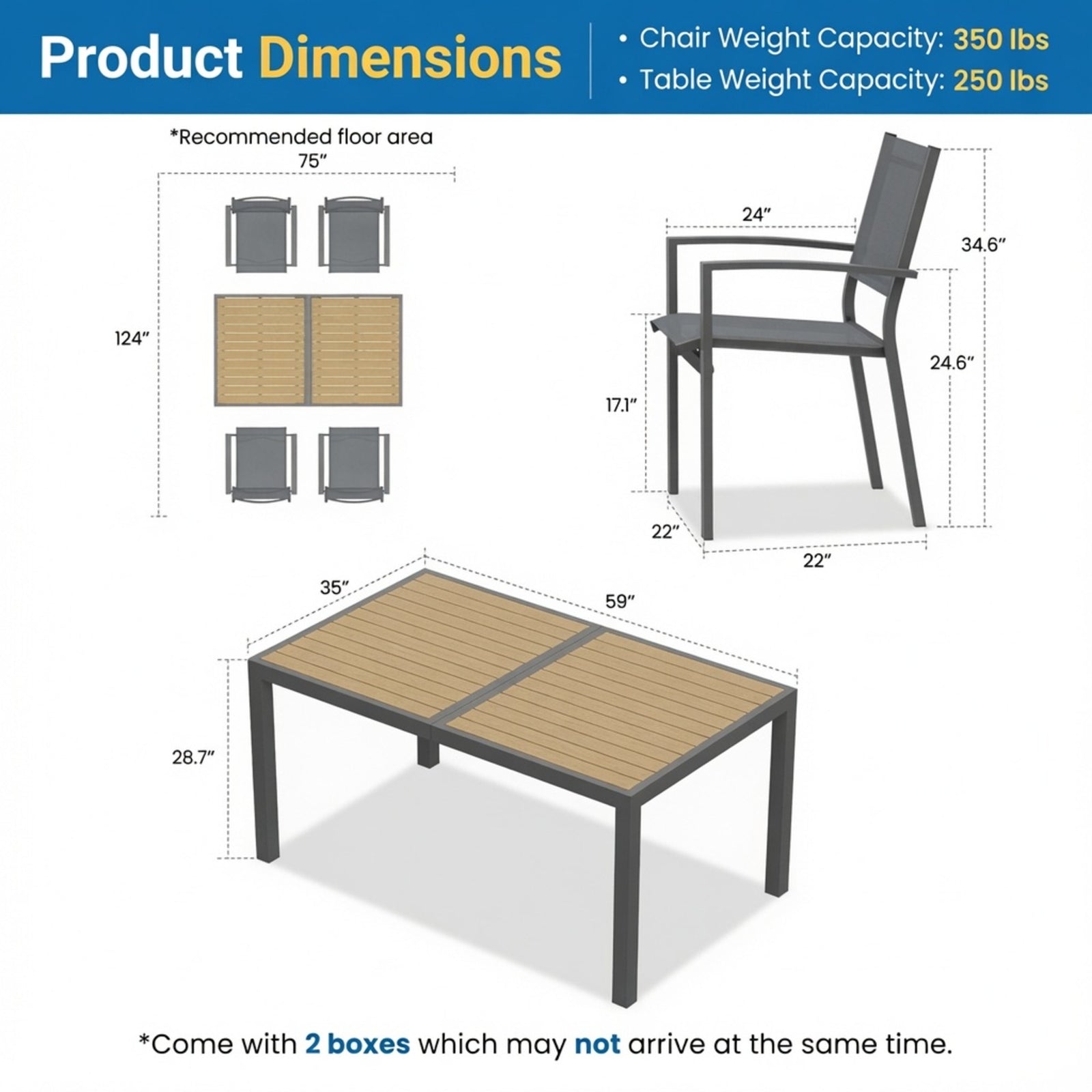 5-Piece Grey Patio Dining Set, 4-Seat All-Weather Heavy Duty HDPS Aluminum Rectangle Table and Textilene Metal Patio Chairs