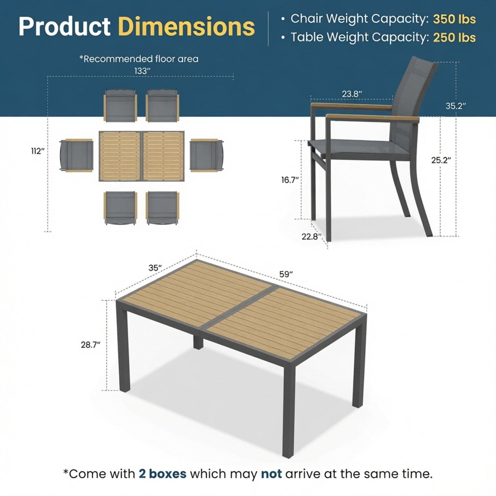 7-Piece Grey Aluminum Patio Dining Set, 6-Seat All-Weather Heavy Duty HDPS Rectangle Table and Textilene Patio Chairs