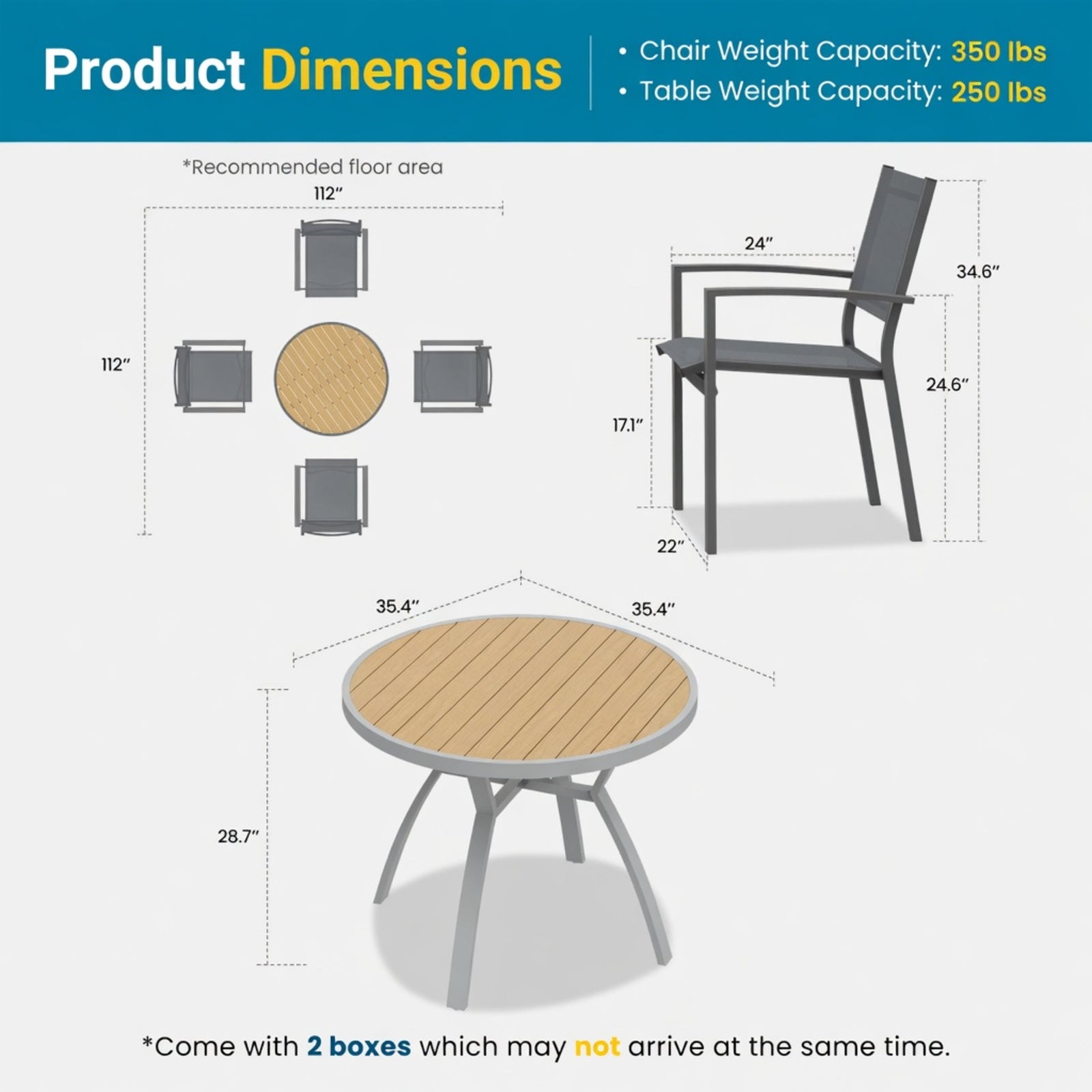 5-Piece Grey Patio Dining Set, 4-Seat All-Weather Heavy Duty HDPS Aluminum Round Table and Textilene Metal Patio Chairs