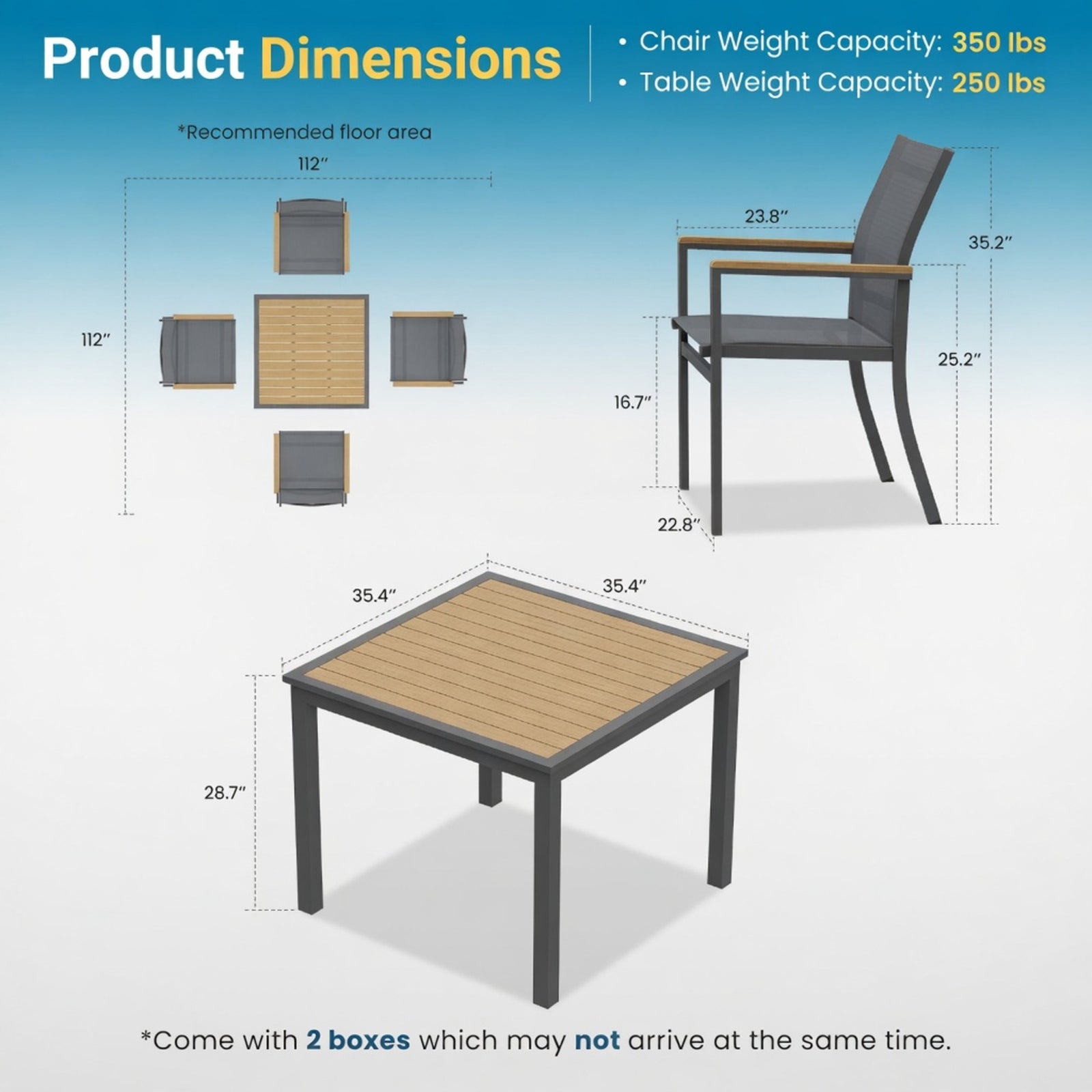 5-Piece Grey Aluminum Patio Dining Set, 4-Seat All-Weather Heavy Duty HDPS Square Table and Textilene Patio Chairs