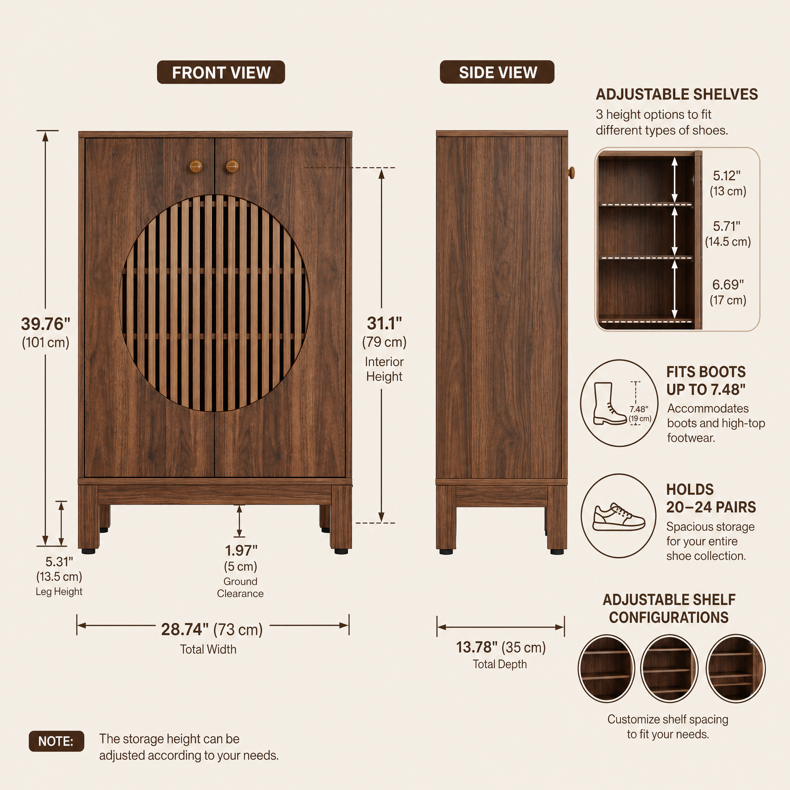 EMOOTTOO 40" Japandi Walnut Shoe Storage Cabinet with Circular Slatted Doors