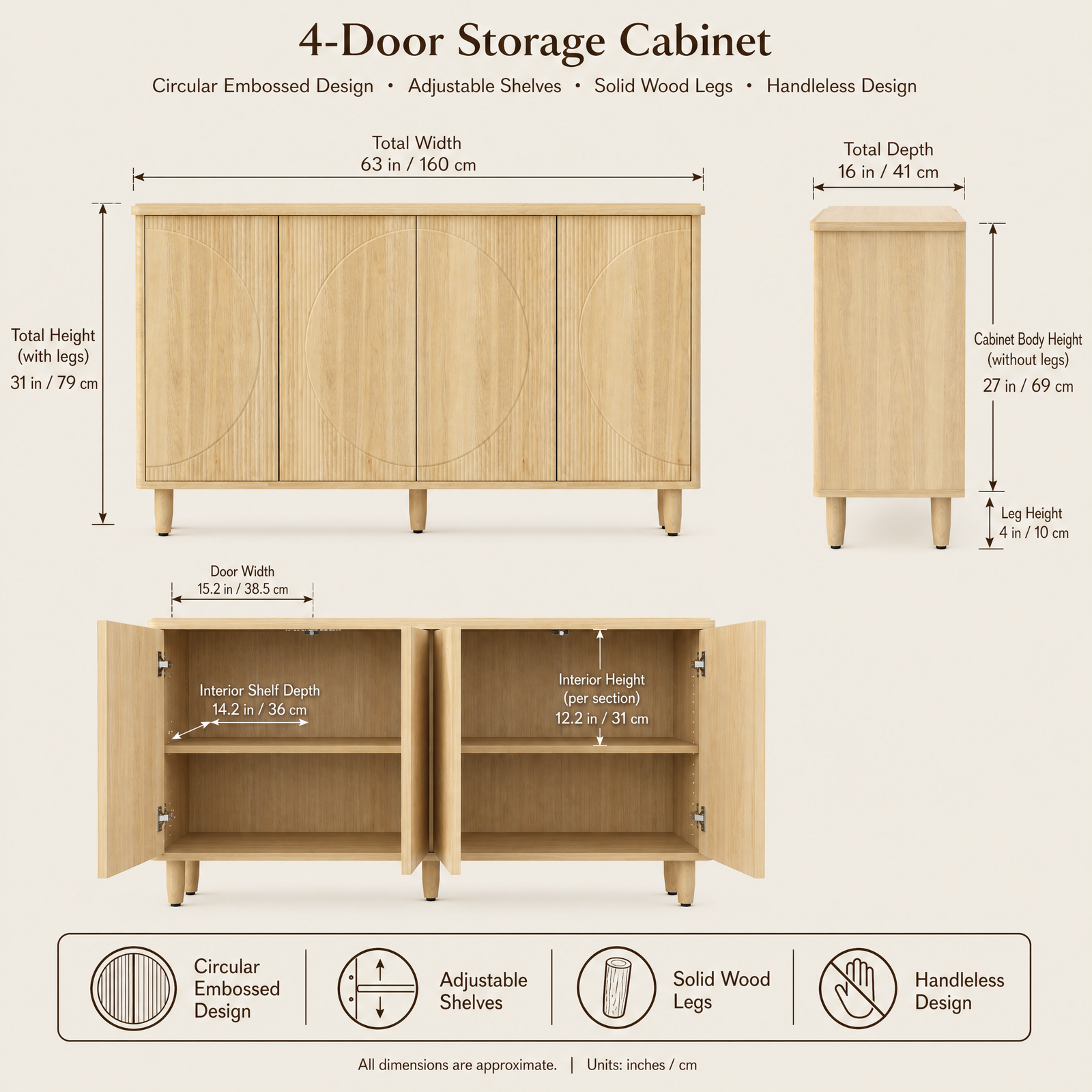 EMOOTTOO 59.4" Modern Oak Sideboard Buffet Cabinet with Storage
