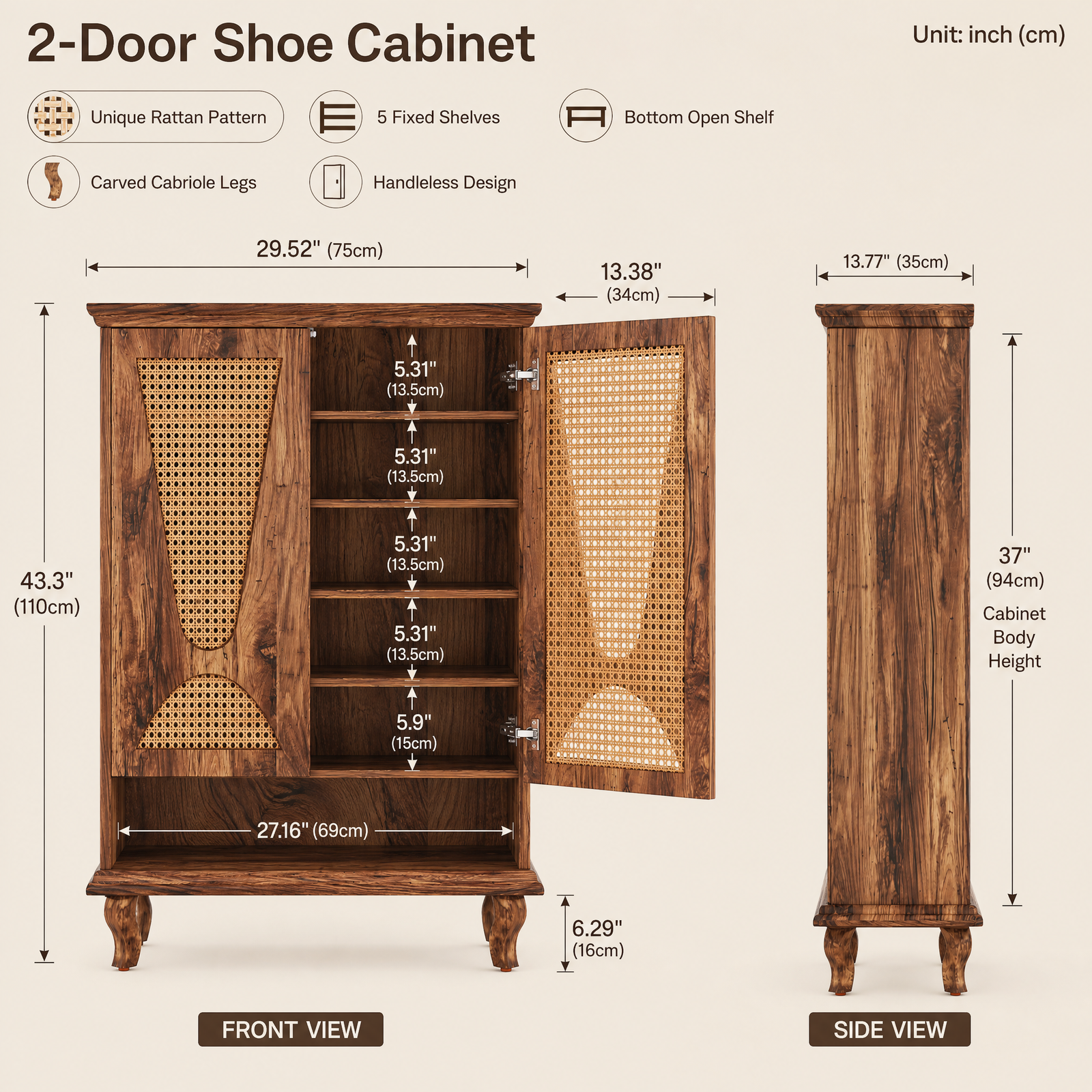 EMOOTTOO 43" Boho Rattan Shoe Storage Cabinet