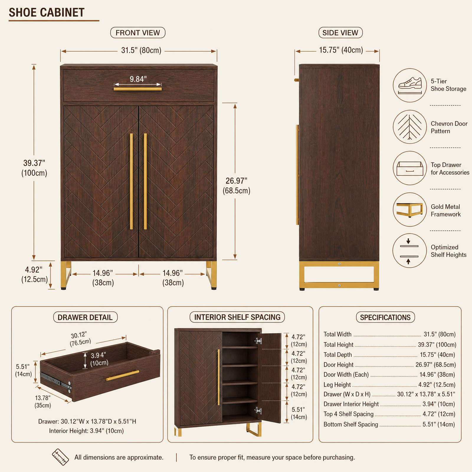 EMOOTTOO Mid-Century Modern 6-Tier Shoe Cabinet with Herringbone Carved Doors, Walnut, 31.5" Wide