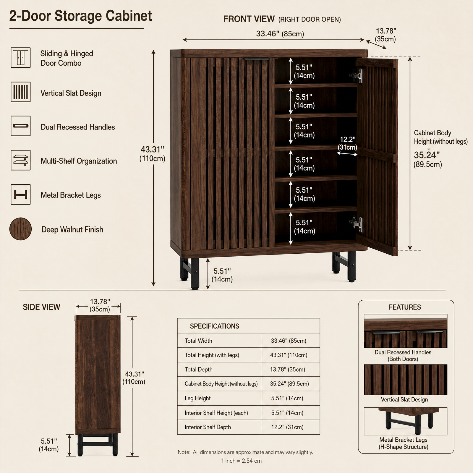 EMOOTTOO 43" Dark Walnut Shoe Storage Cabinet with Breathable Louvered Doors