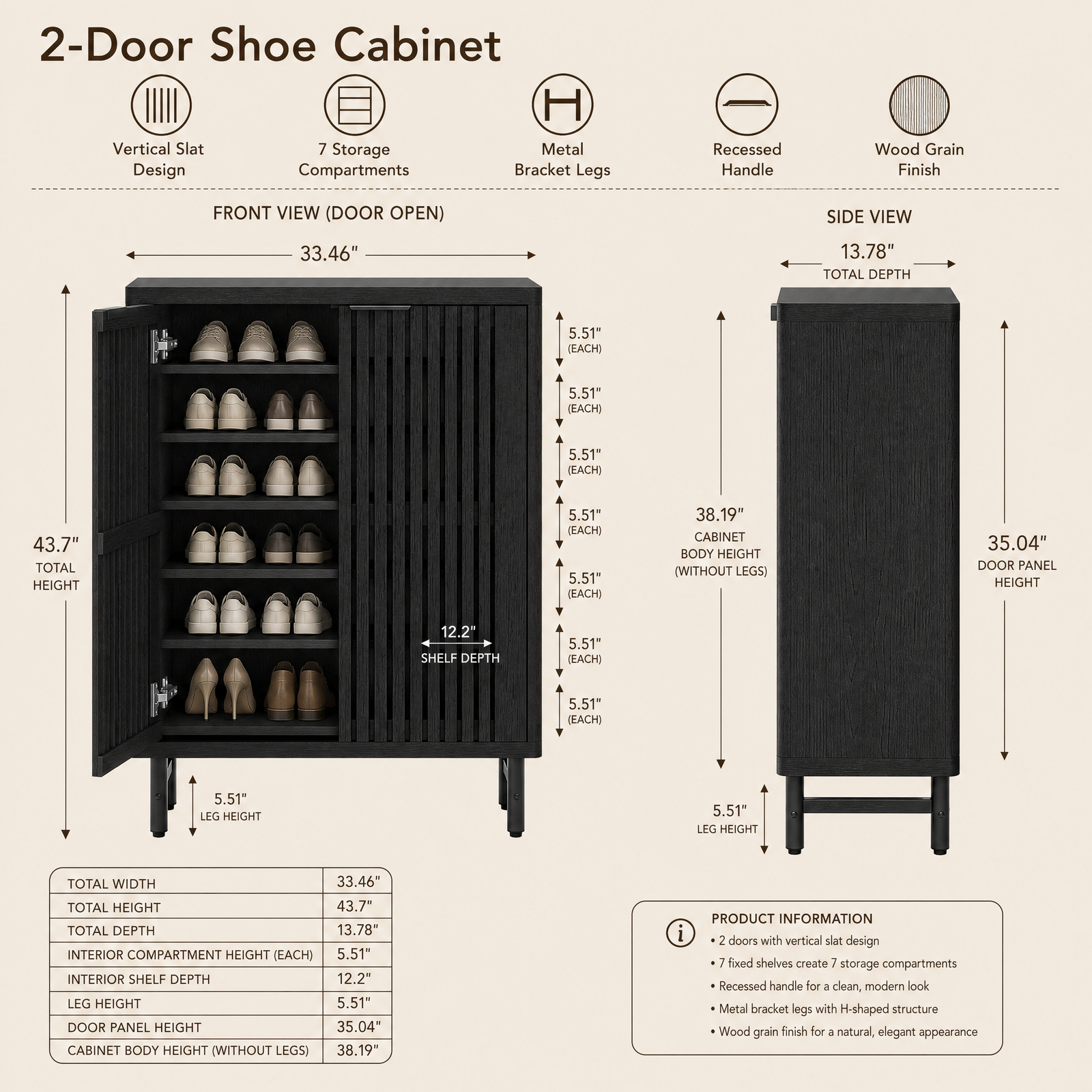 EMOOTTOO 43" Modern Black Shoe Storage Cabinet with Louvered Doors