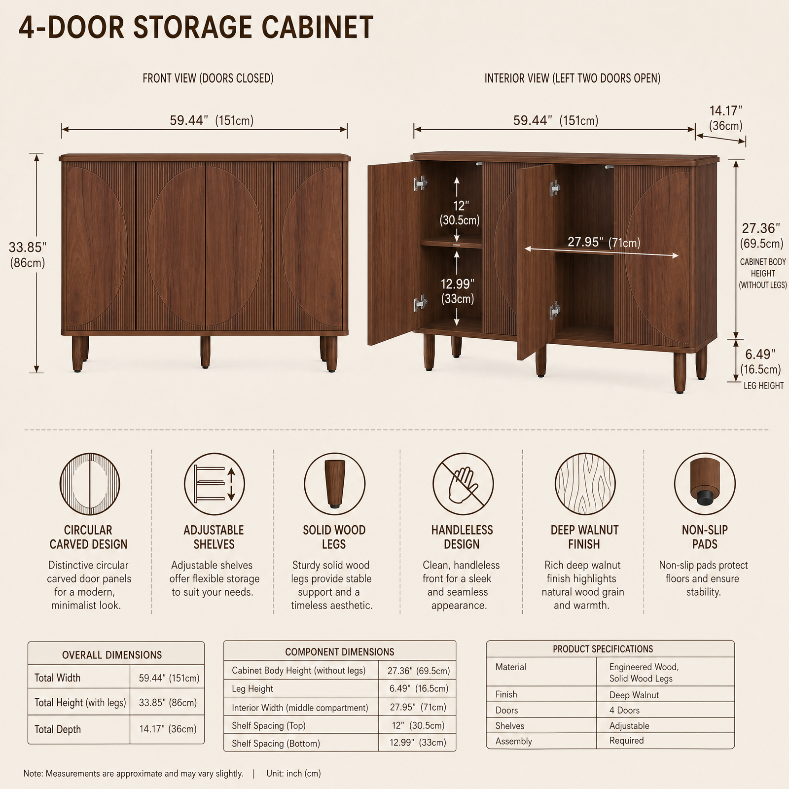 EMOOTTOO 59" Modern Buffet Sideboard Cabinet with Semicircle Pattern Doors