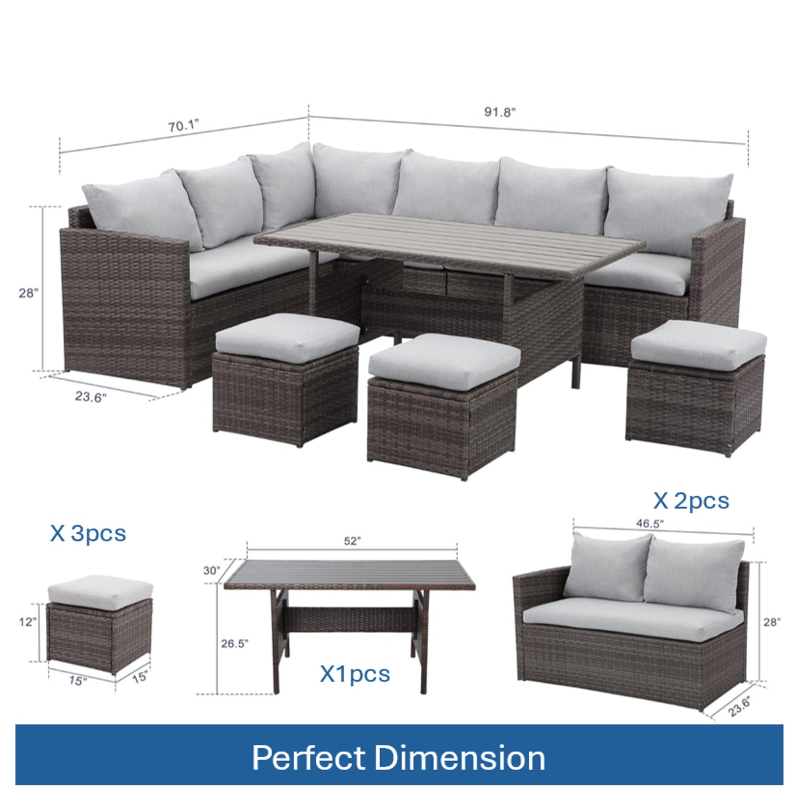 7-Piece Outdoor Rattan Sectional Dining Set, 9-Seat All-Weather Wicker Sofa