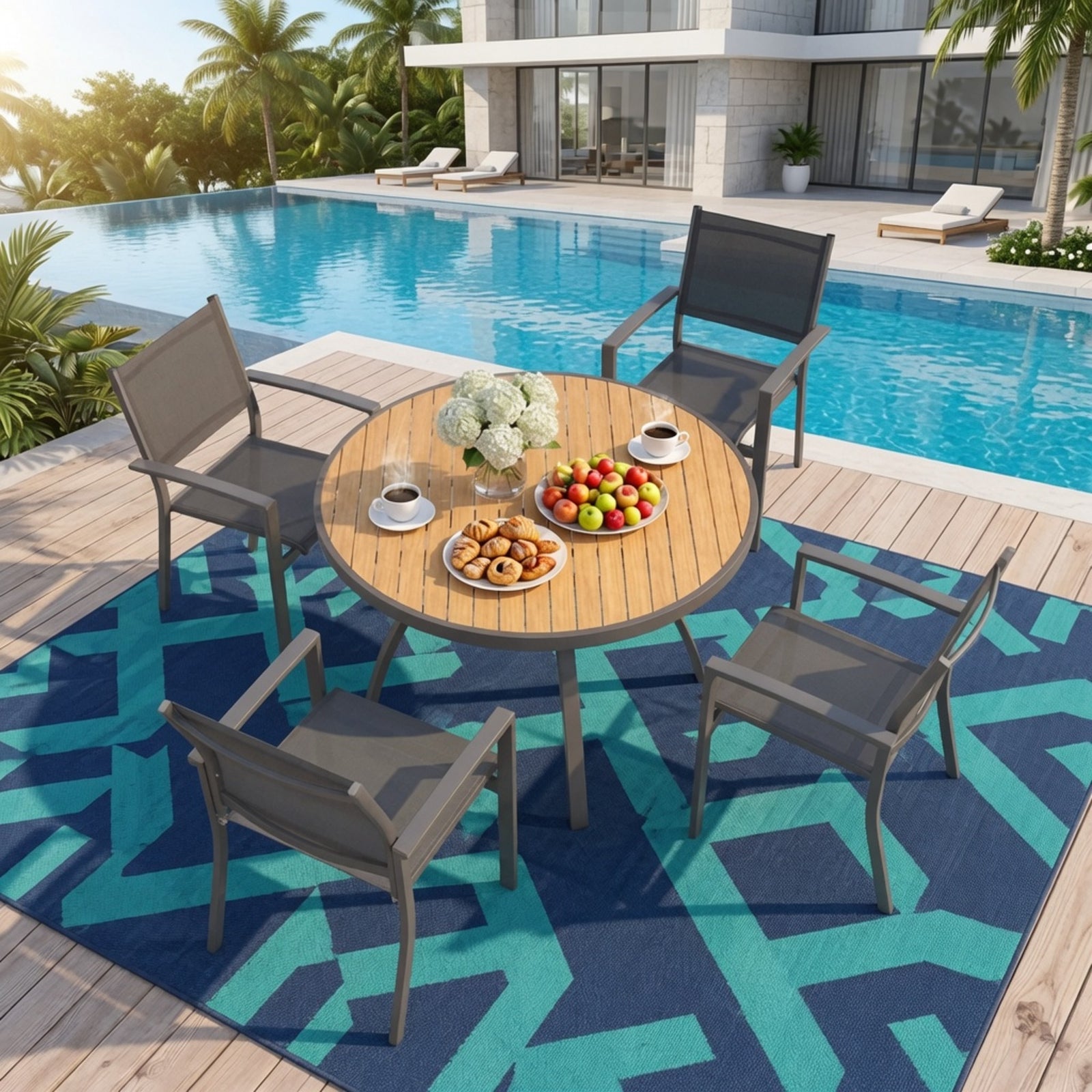 35.4" Grey Aluminum Outdoor Round Patio Table, All Weather HDPS Slatted Dining Table - product image 8