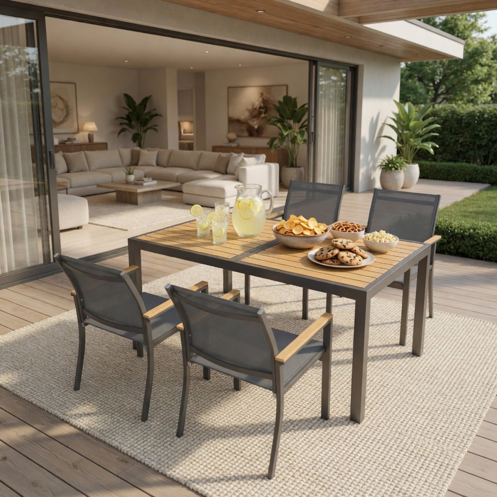 5-Piece Grey Aluminum Patio Dining Set, 4-Seat All-Weather Heavy Duty HDPS Rectangle Table and Textilene Patio Chairs