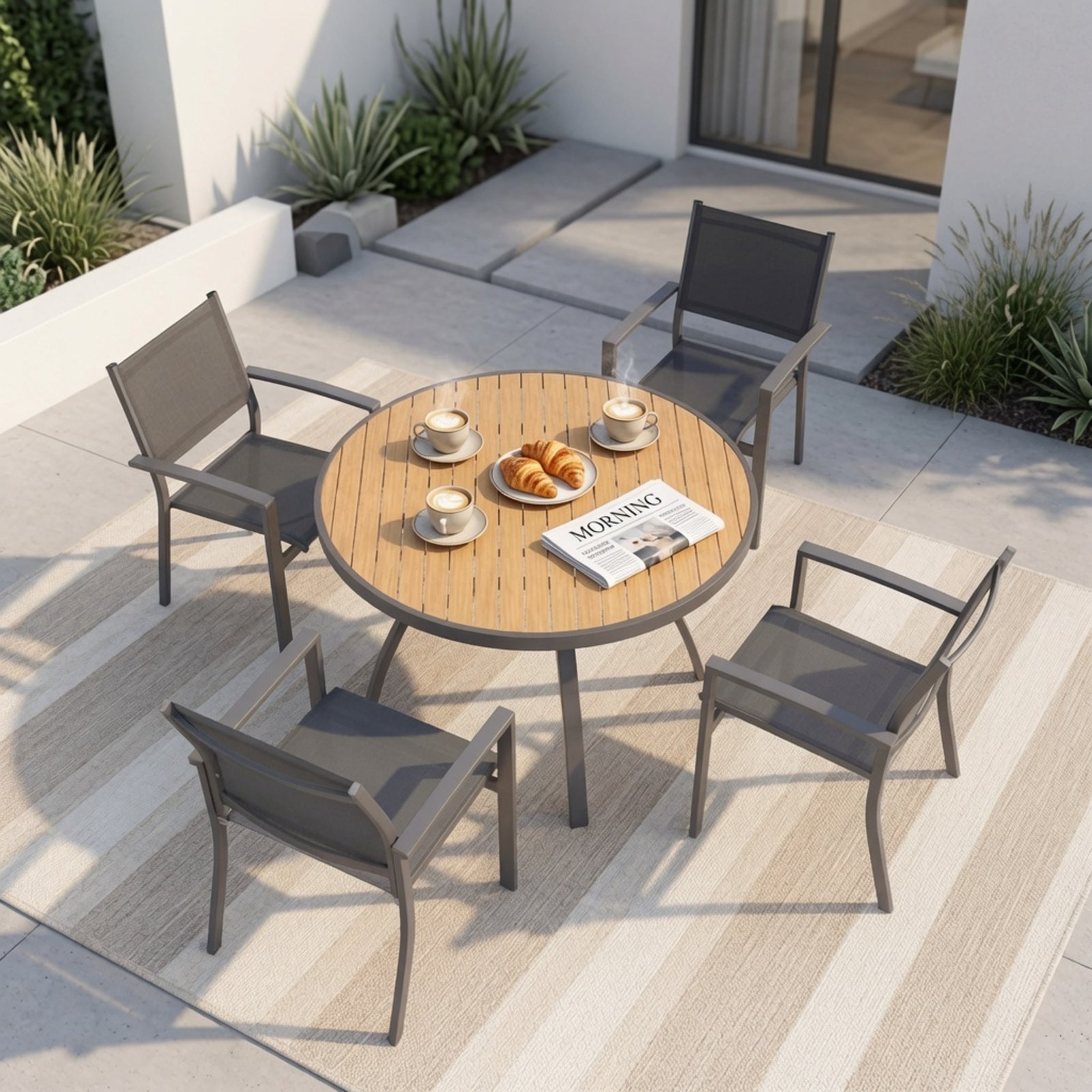 35.4" Grey Aluminum Outdoor Round Patio Table, All Weather HDPS Slatted Dining Table - product image 9