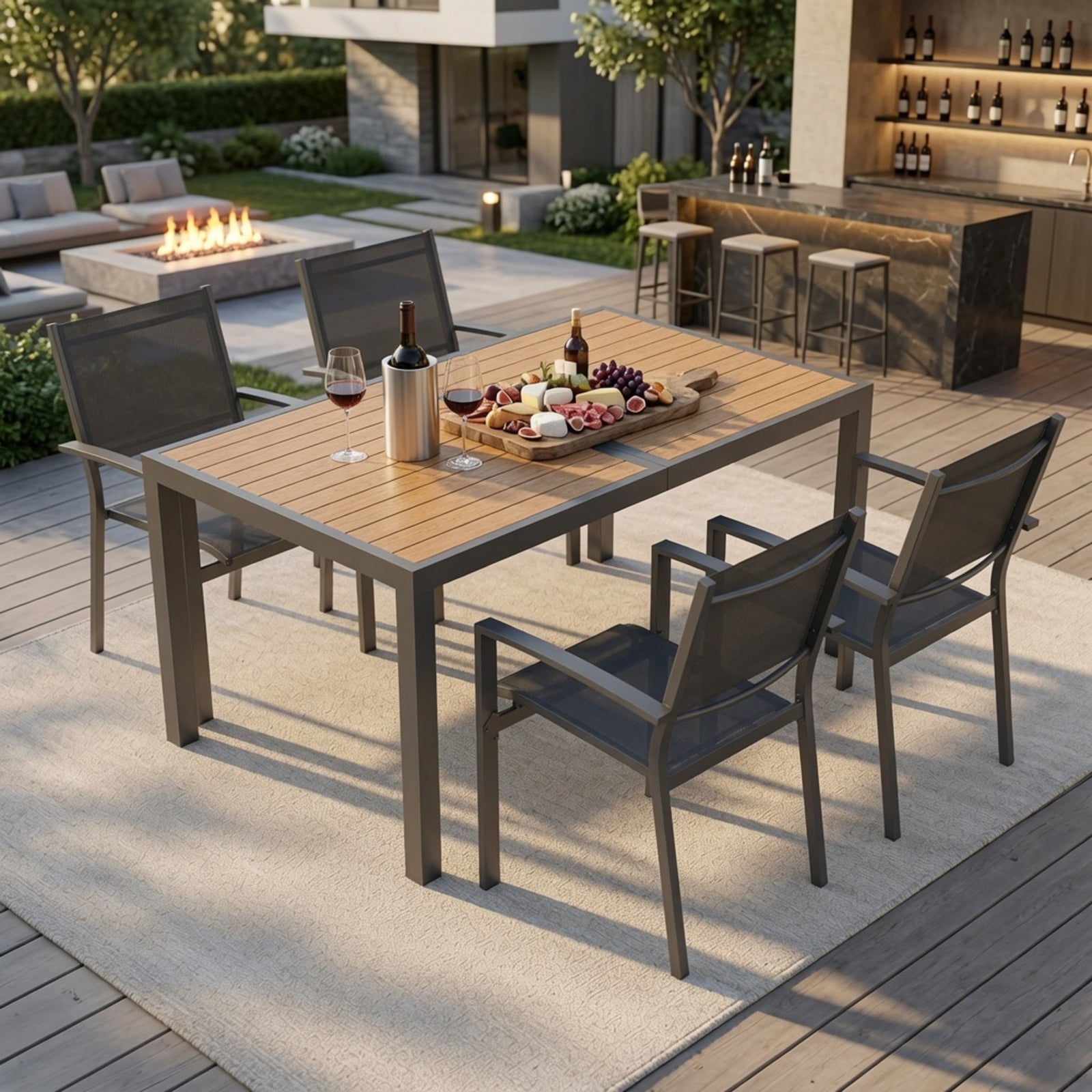 5-Piece Grey Patio Dining Set, 4-Seat All-Weather Heavy Duty HDPS Aluminum Rectangle Table and Textilene Metal Patio Chairs