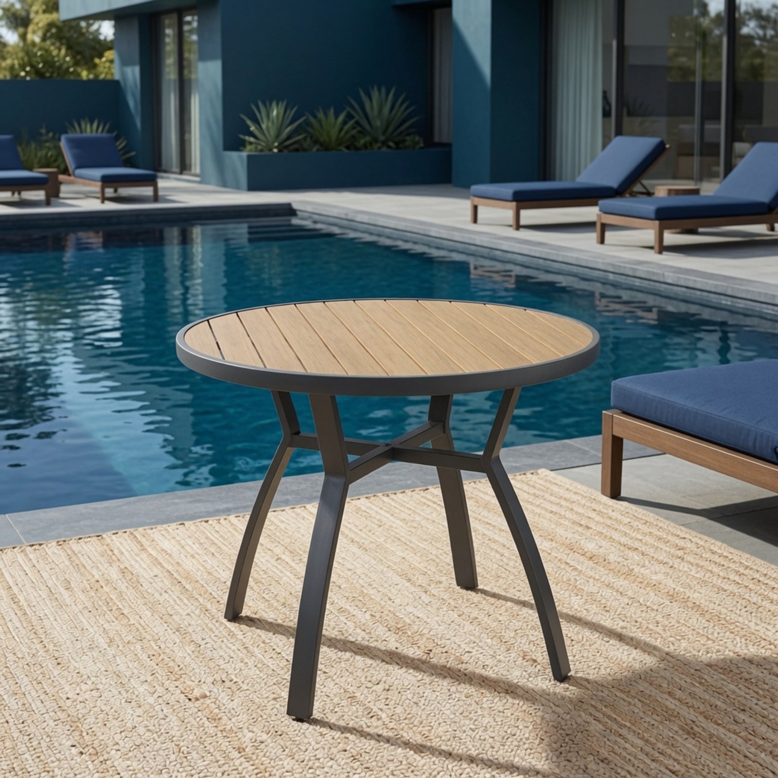 35.4" Grey Aluminum Outdoor Round Patio Table, All Weather HDPS Slatted Dining Table - product image 6