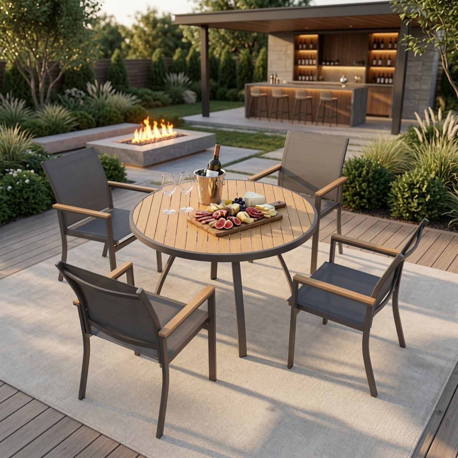 5-Piece Grey Aluminum Patio Dining Set, 4-Seat All-Weather Heavy Duty HDPS Round Table and Textilene Patio Chairs