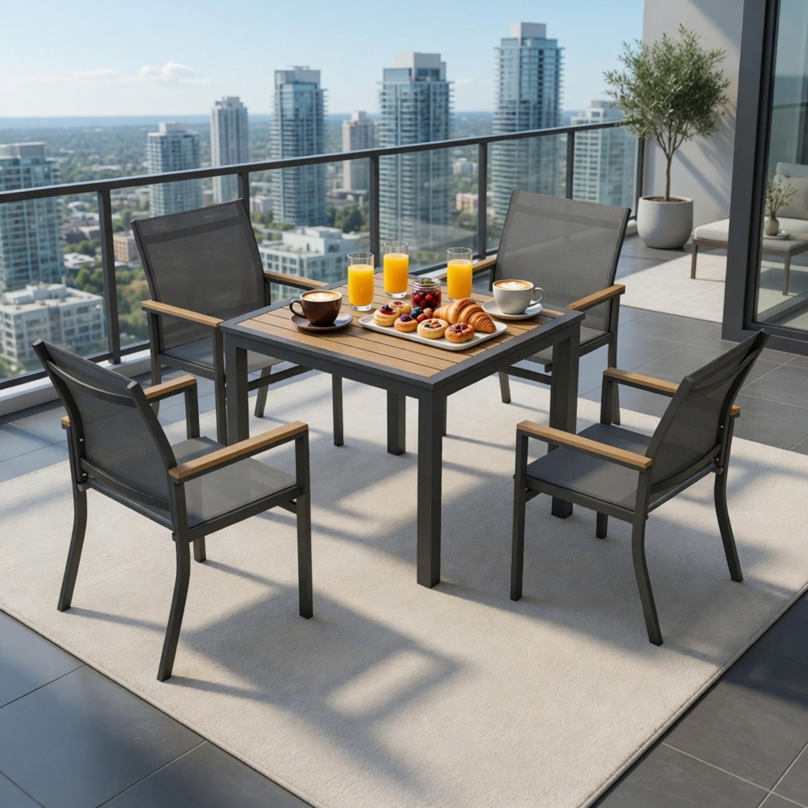 5-Piece Grey Aluminum Patio Dining Set, 4-Seat All-Weather Heavy Duty HDPS Square Table and Textilene Patio Chairs