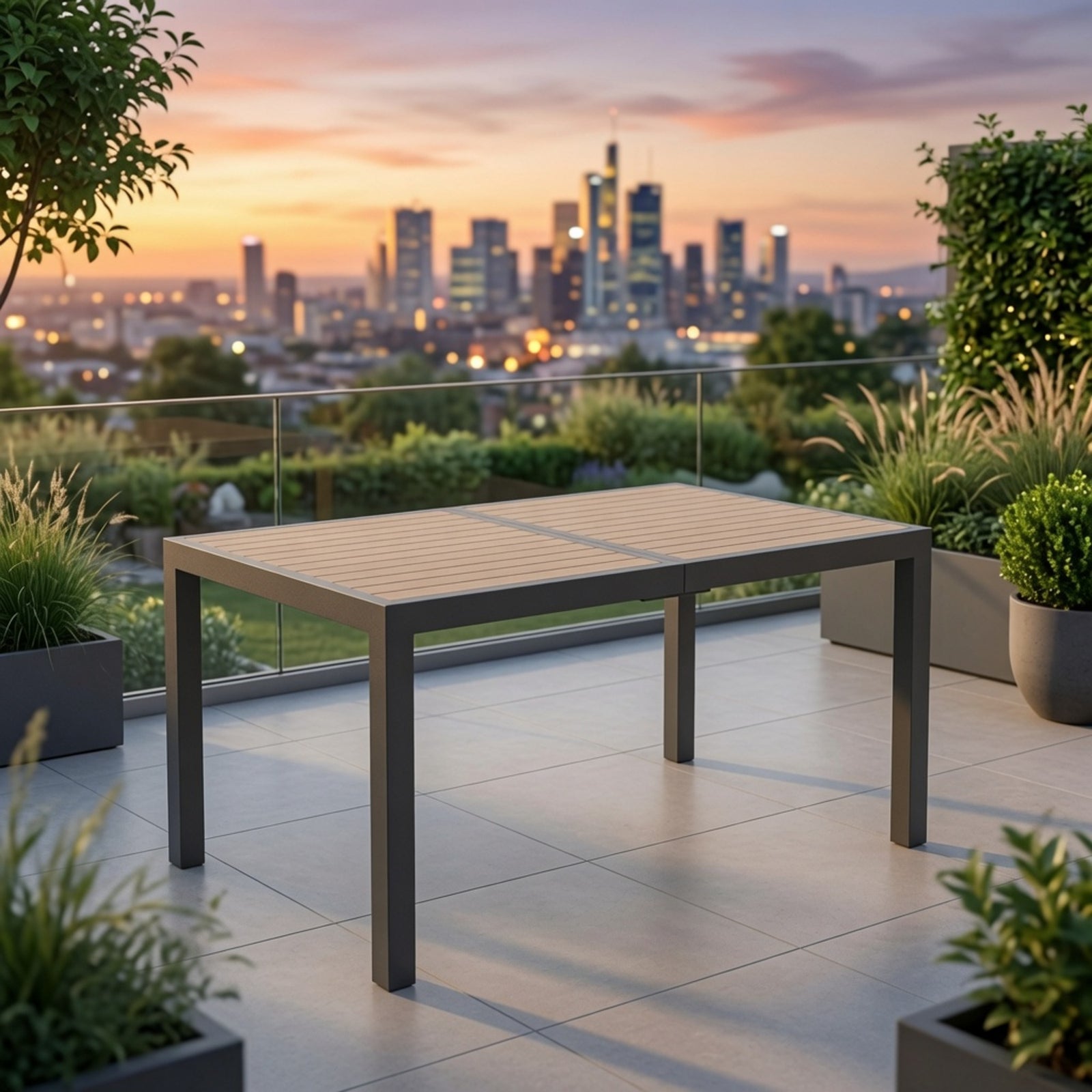 59" Grey Aluminum Rectangle Outdoor Patio Table, All Weather HDPS Slatted Dining Table - product image 7