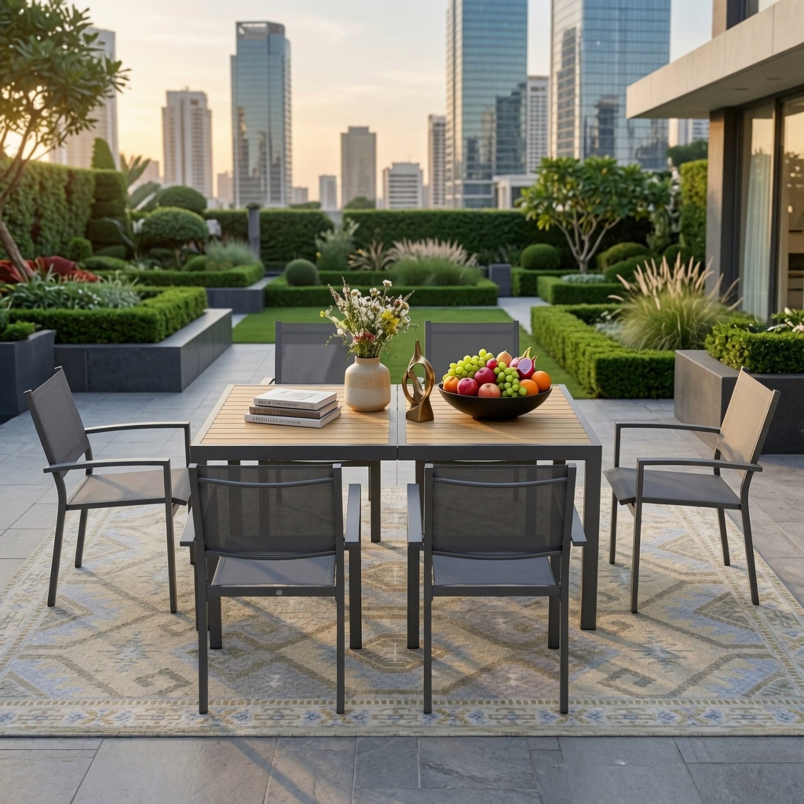 7-Piece Grey Patio Dining Set, 6-Seat All-Weather Heavy Duty HDPS Aluminum Rectangle Table and Textilene Metal Patio Chairs