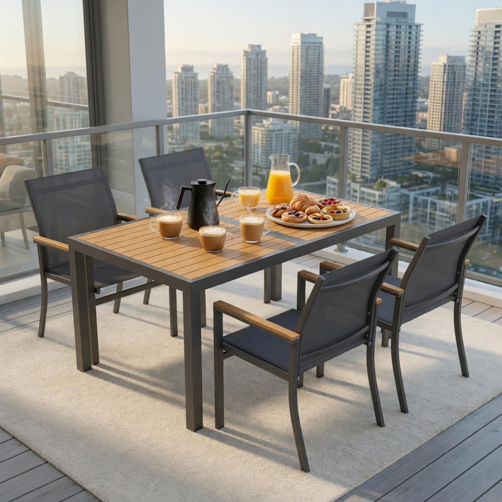 5-Piece Grey Aluminum Patio Dining Set, 4-Seat All-Weather Heavy Duty HDPS Rectangle Table and Textilene Patio Chairs