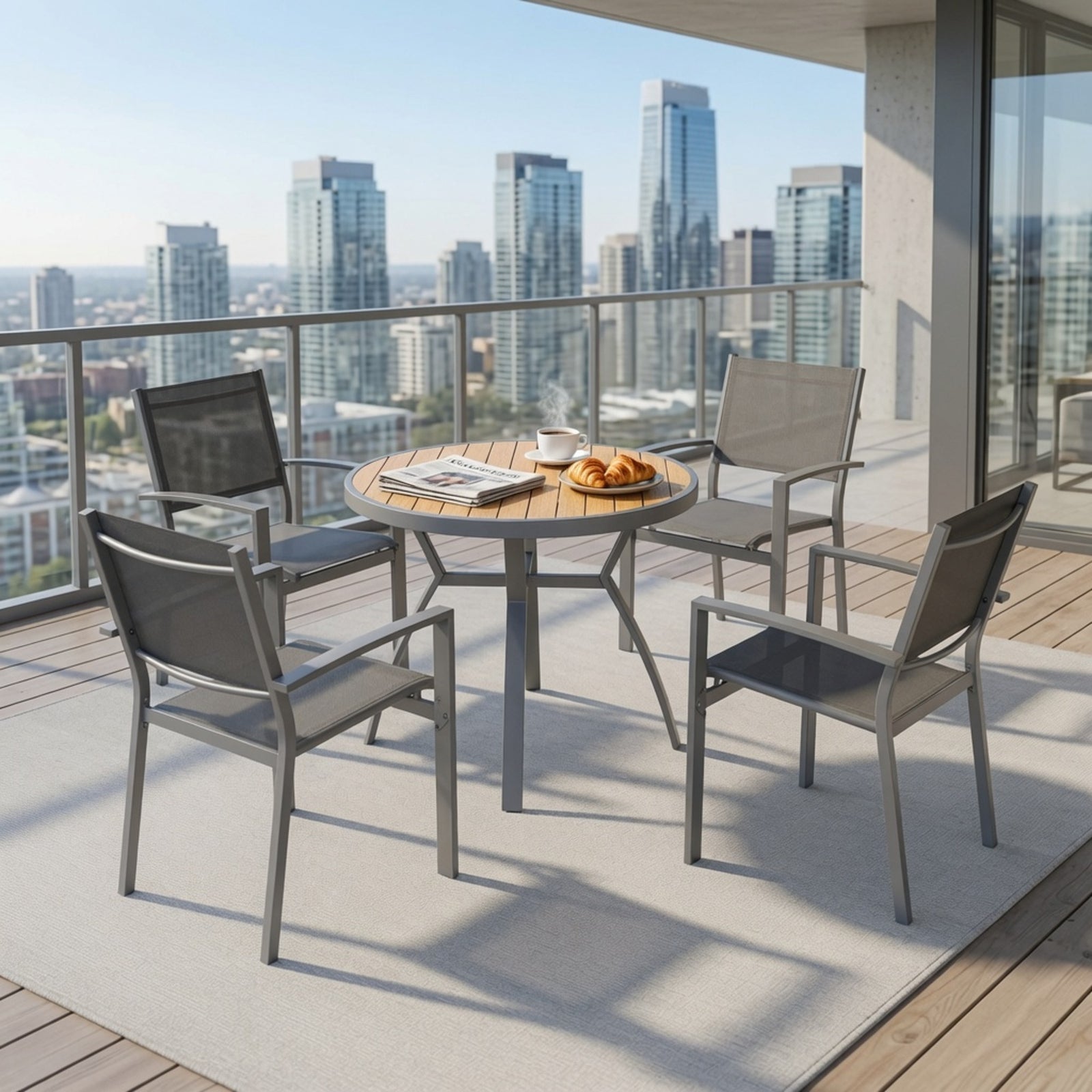 Set of 4, Heavy duty Metal Grey Outdoor Patio Chair, All Weather Textilene