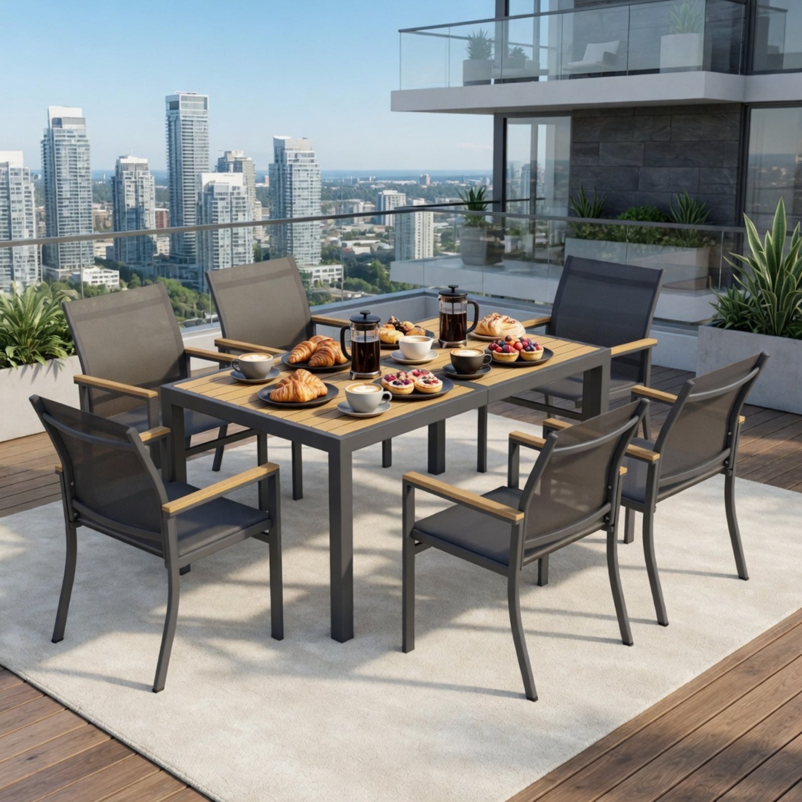 7-Piece Grey Aluminum Patio Dining Set, 6-Seat All-Weather Heavy Duty HDPS Rectangle Table and Textilene Patio Chairs