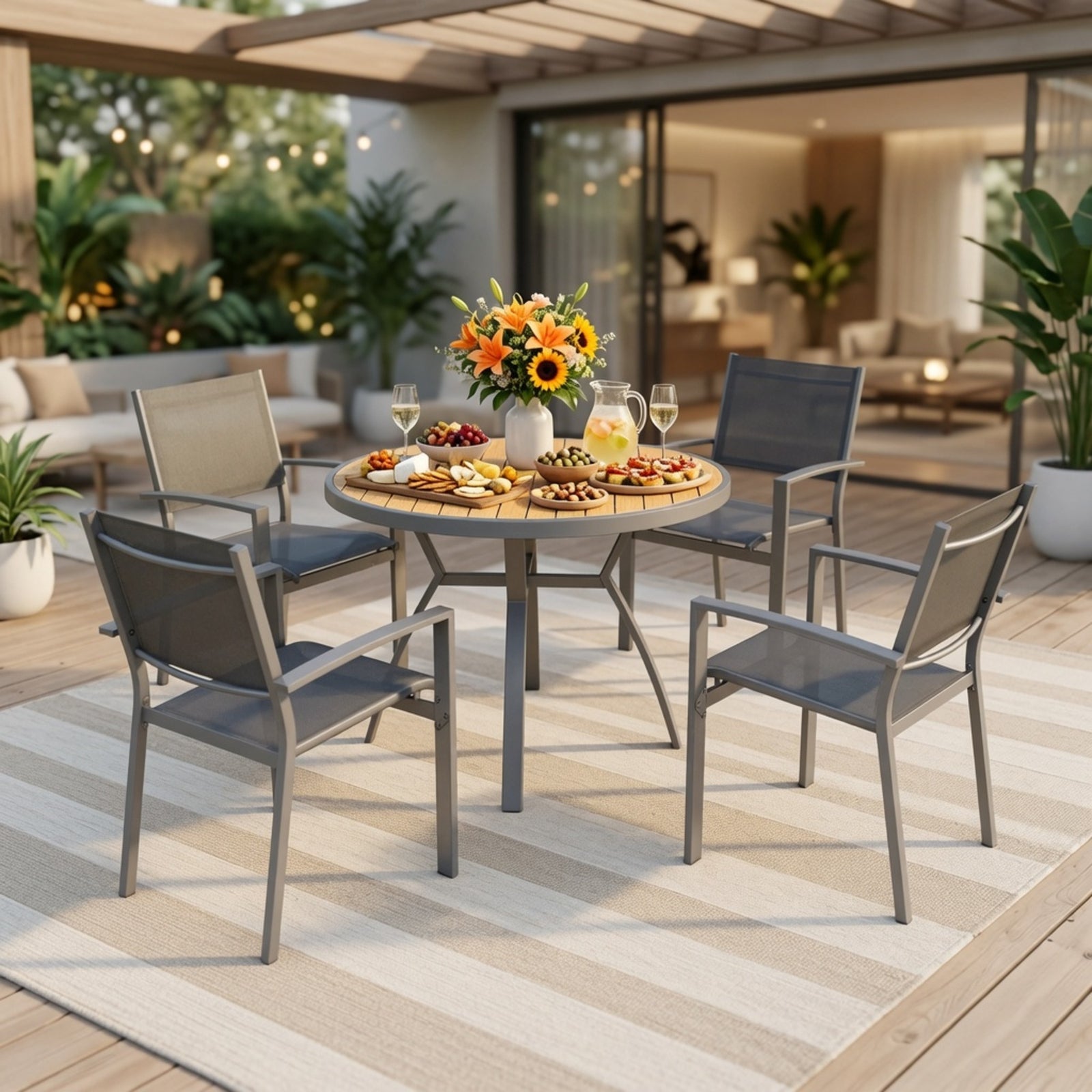 5-Piece Grey Patio Dining Set, 4-Seat All-Weather Heavy Duty HDPS Aluminum Round Table and Textilene Metal Patio Chairs