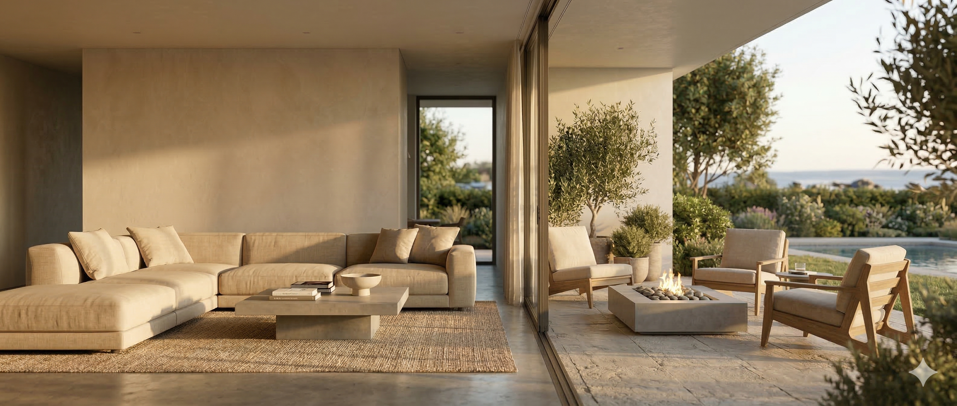 Emoottoo modern living room with sustainable solid wood furniture and sun-drenched minimalist interior design.