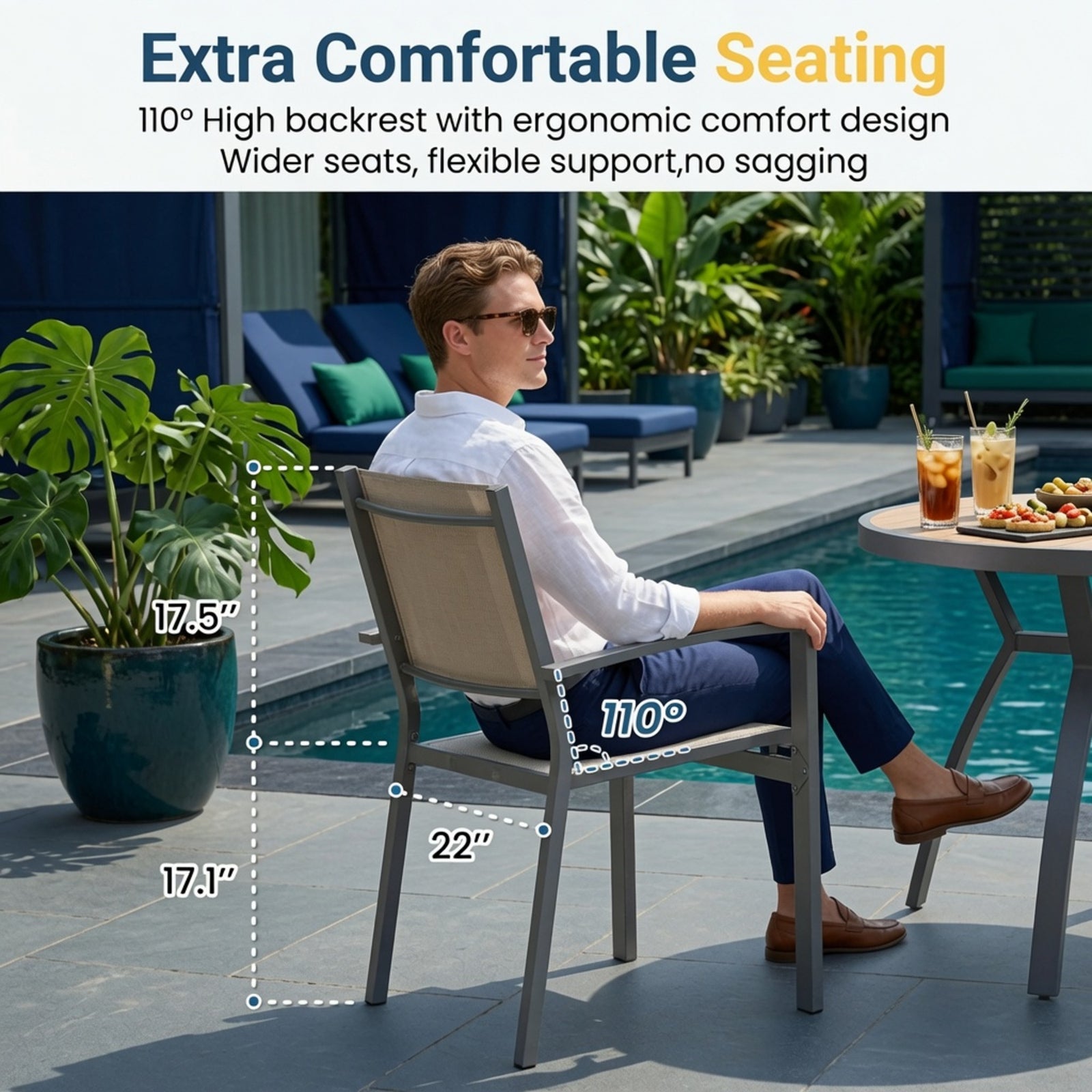 Set of 6, Heavy duty Metal Grey Outdoor Patio Chair, All Weather Textilene