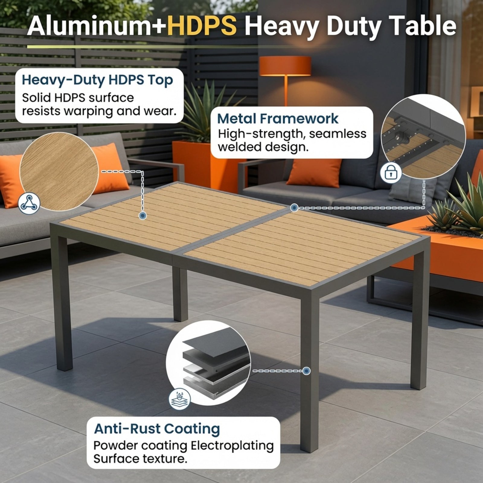 59" Grey Aluminum Rectangle Outdoor Patio Table, All Weather HDPS Slatted Dining Table - product image 4