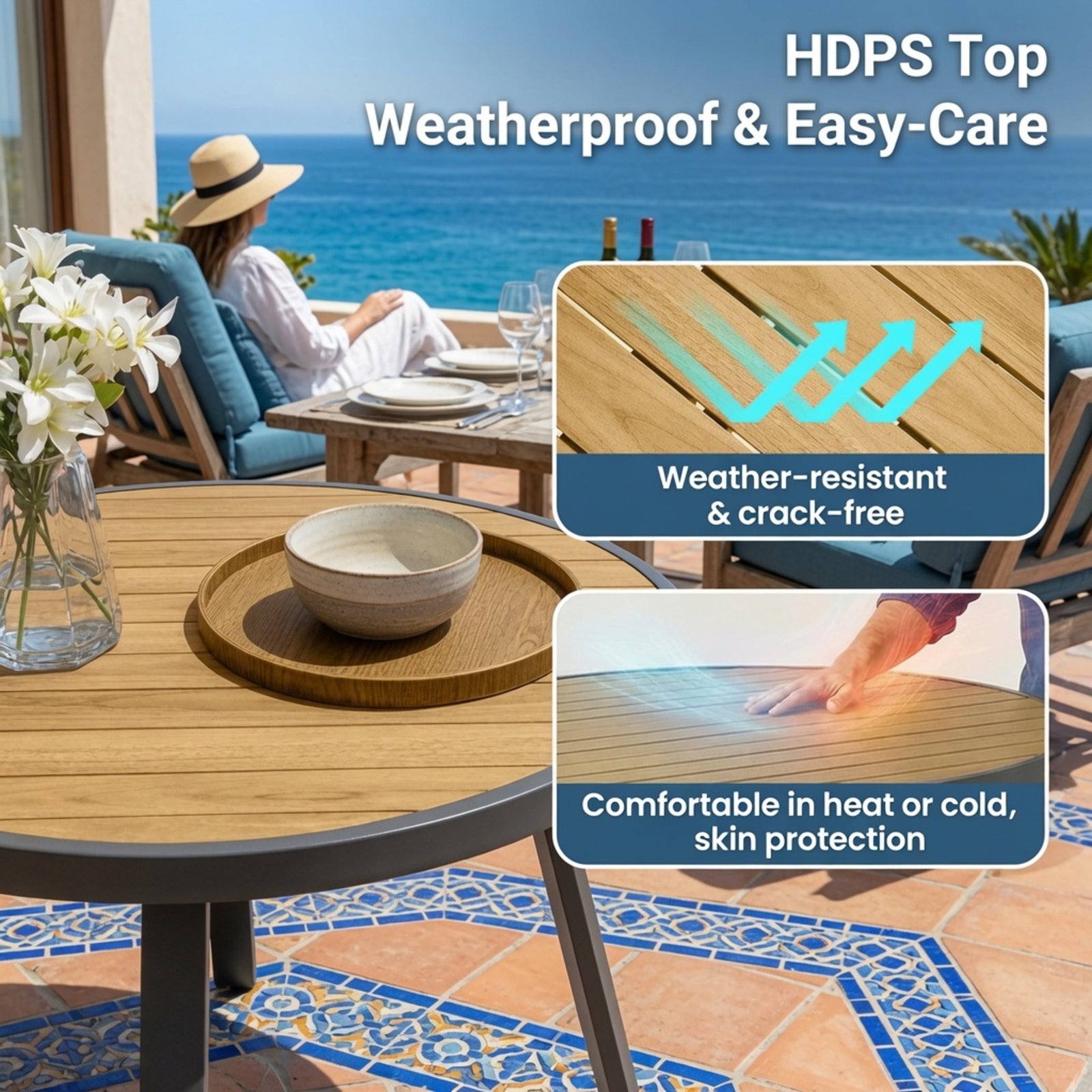 35.4" Grey Aluminum Outdoor Round Patio Table, All Weather HDPS Slatted Dining Table - product image 4