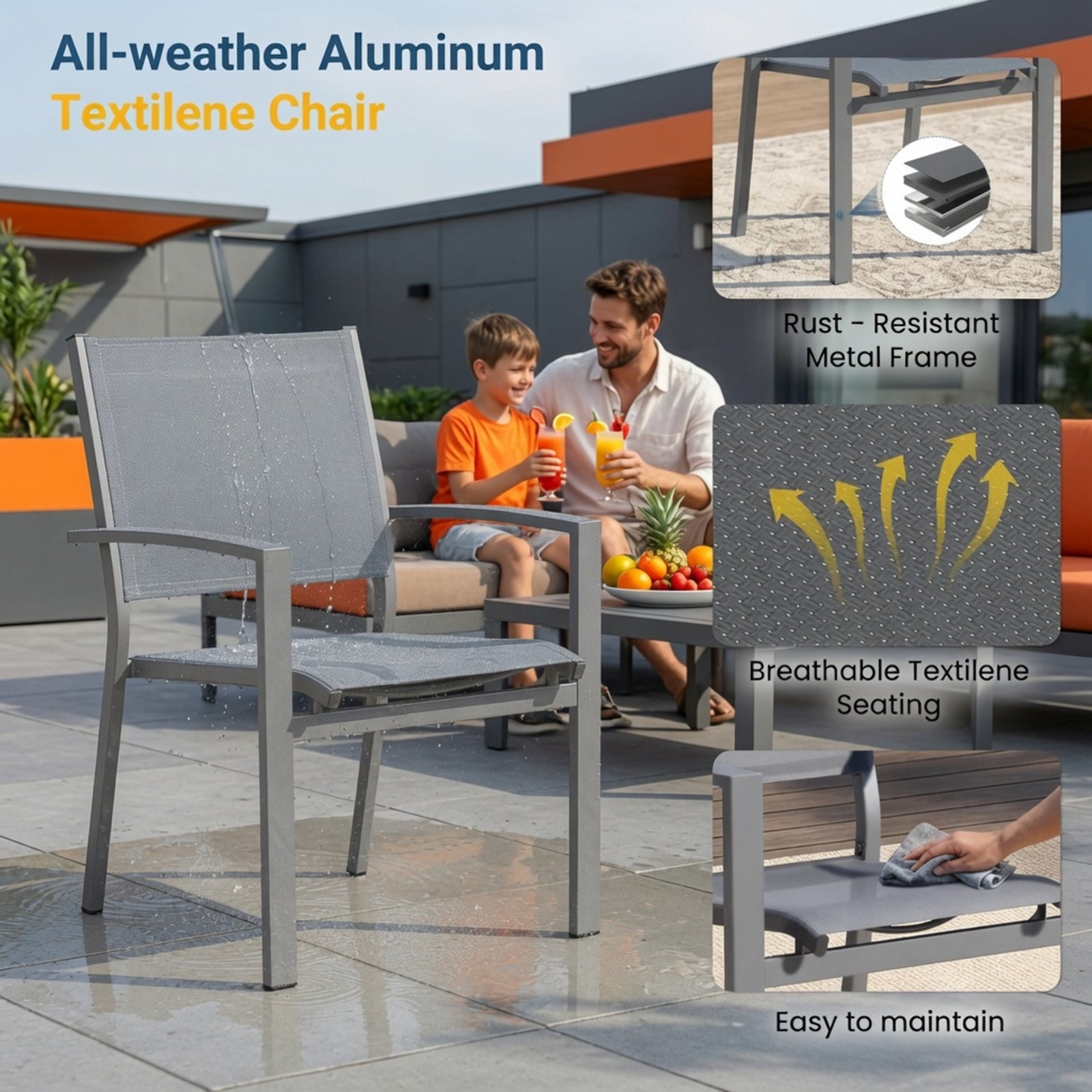 Set of 4 , Grey Aluminum Outdoor Patio Chair, All Weather Textilene Patio Chairs