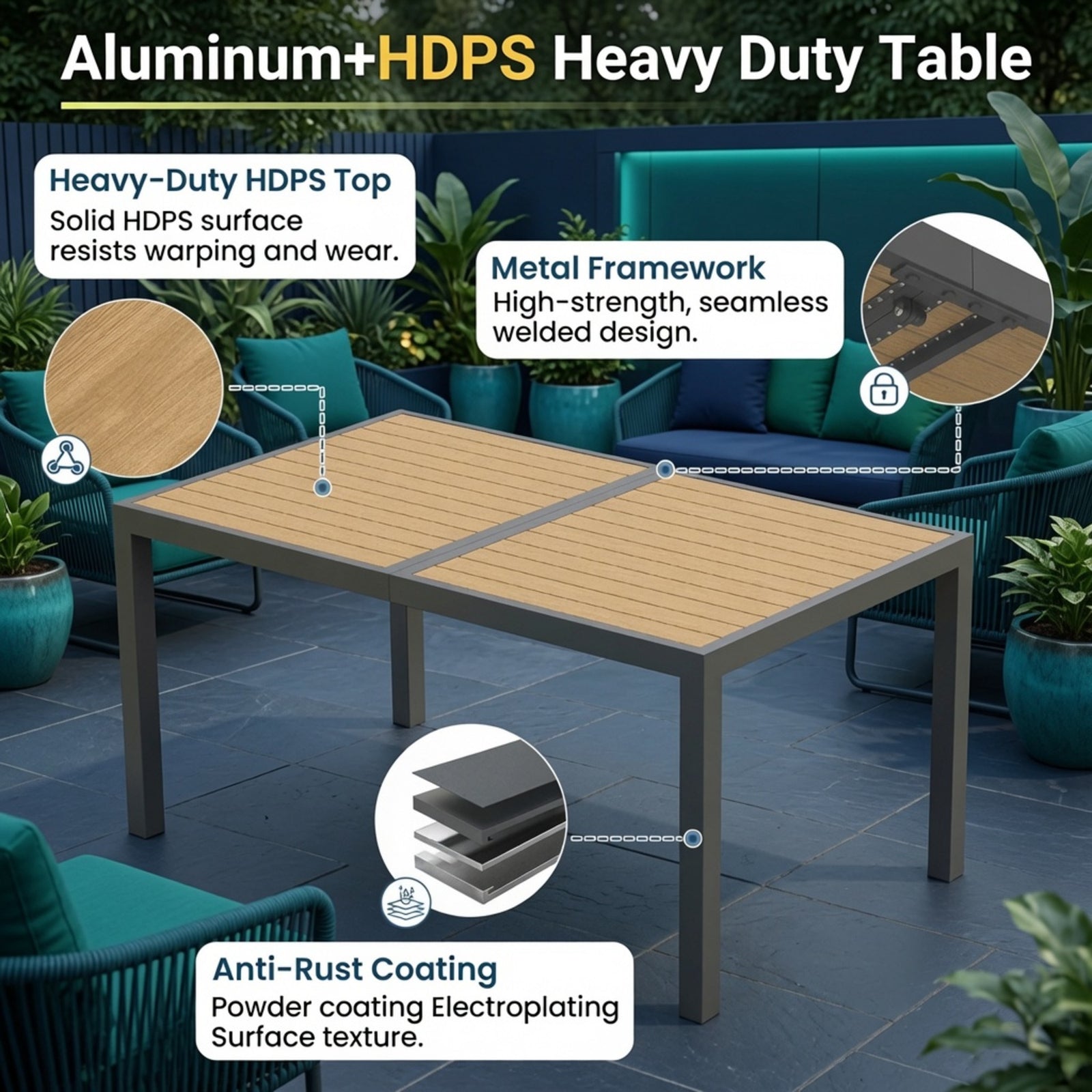 5-Piece Grey Patio Dining Set, 4-Seat All-Weather Heavy Duty HDPS Aluminum Rectangle Table and Textilene Metal Patio Chairs