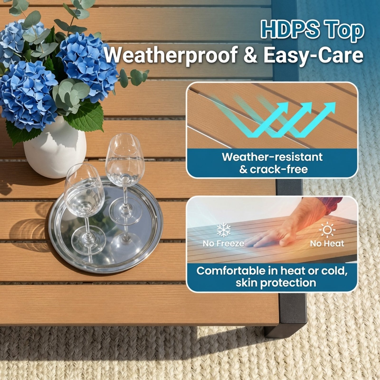 59" Grey Aluminum Rectangle Outdoor Patio Table, All Weather HDPS Slatted Dining Table - product image 5
