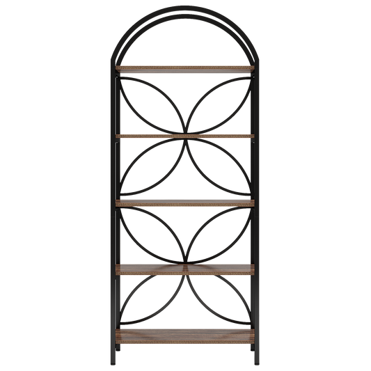 75" Tall 5-Tier Arch Top Industrial Bookshelf, Geometric Flower Pattern Metal Frame Display Rack, Rustic Brown Large Wood