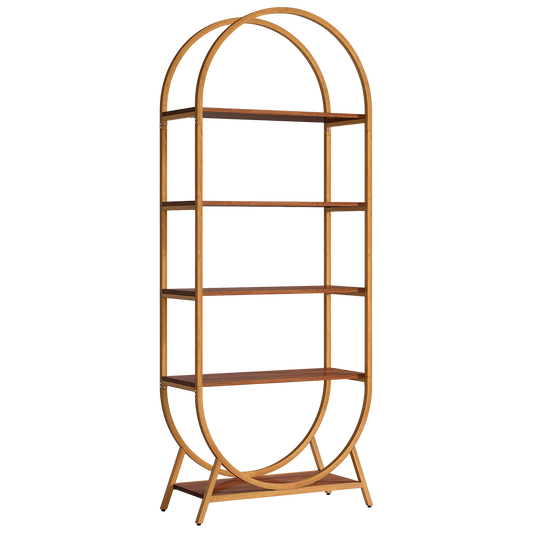 71" Tall 5-Tier Double Arch Bookshelf, Modern Bright Brown Storage Shelf with Circular Metal Frame, Freestanding Large